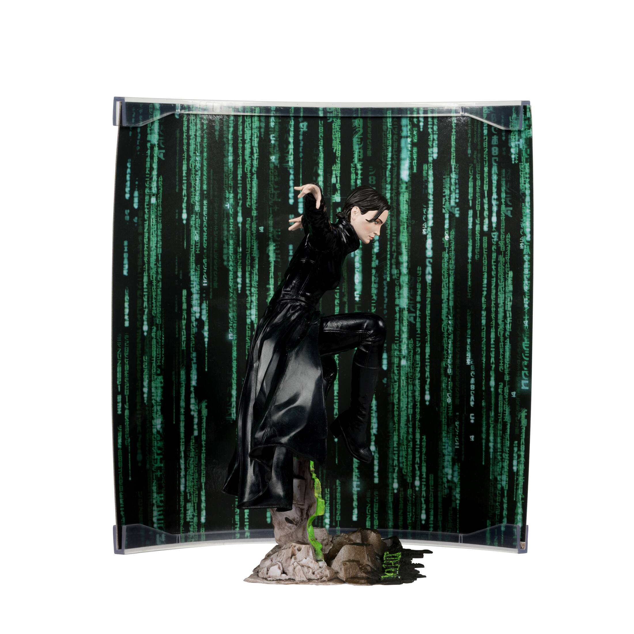 The image features a person in a black outfit, possibly a witch or a woman, standing in front of a green background with a pattern of zeros and ones. The person is posed with their arms outstretched, and the scene appears to be set in a lab. The background is filled with the green pattern, which gives the image a futuristic or technological feel.