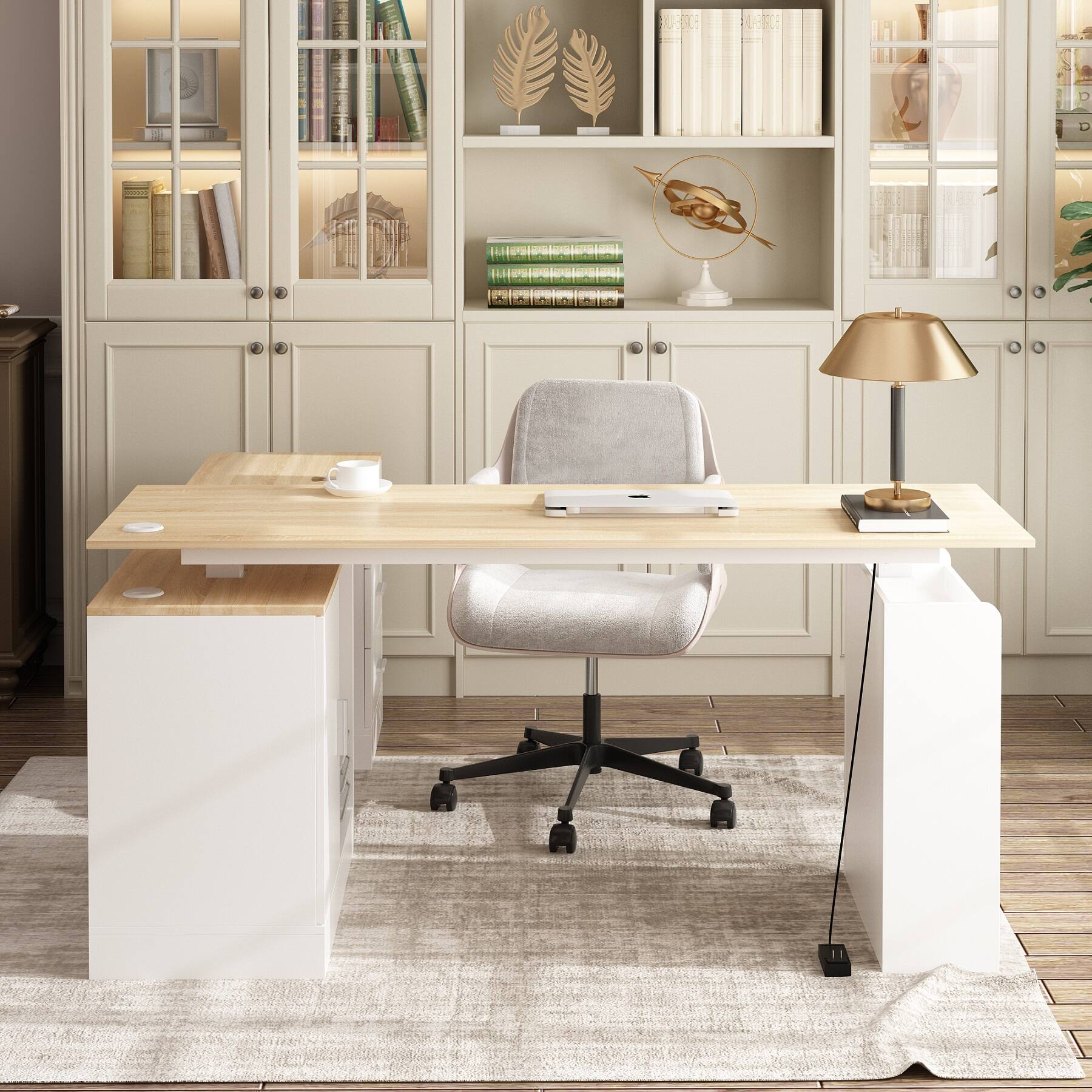 Left. Famapy - L-Shaped Electric Standing Desk with Storage - Height Adjustable Corner Desk with Drawers & Cabinet for Home Office - White & Wooden.