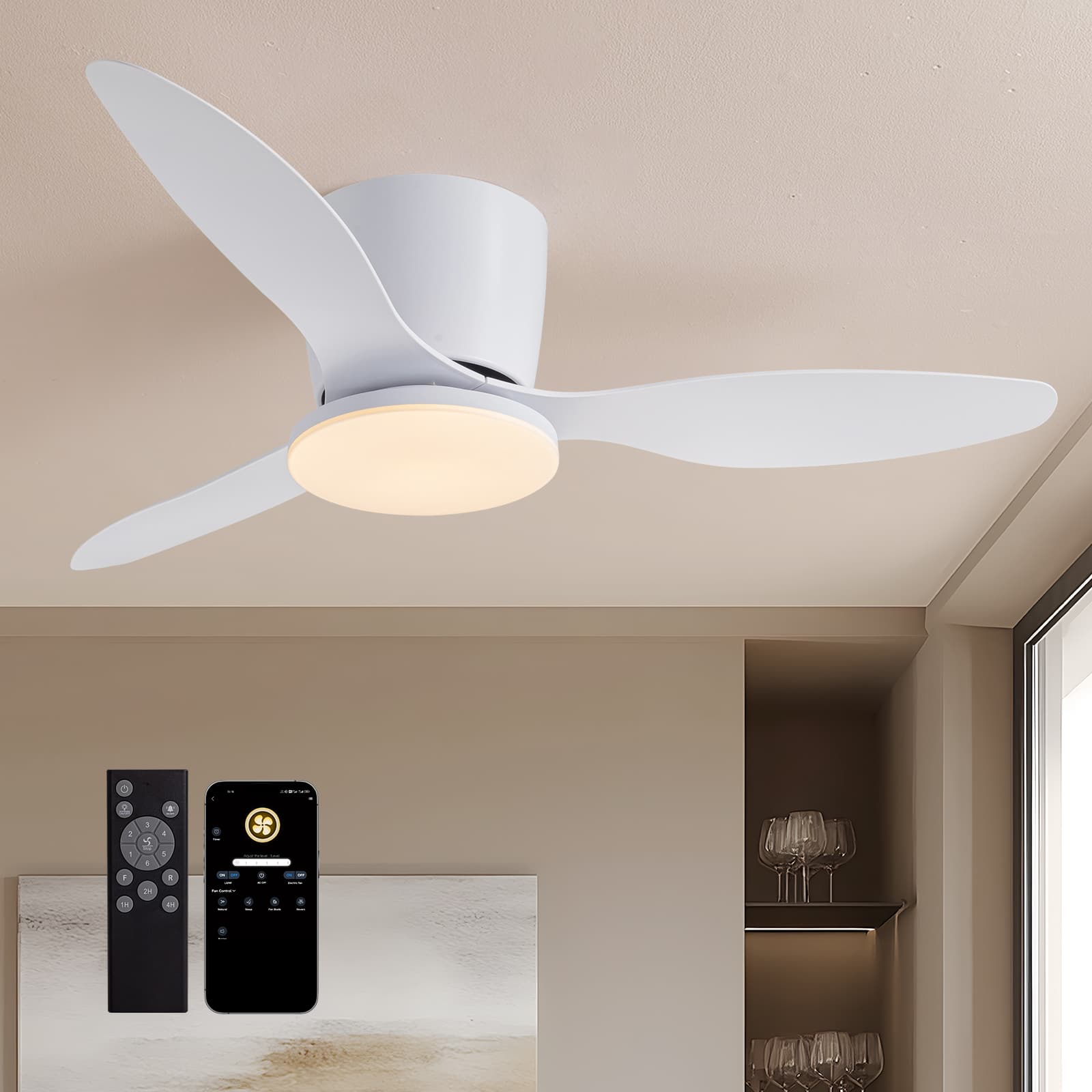 Siljoy - 42 Inch Flush Mount Ceiling Fans with Lights and Remote for Bedroom, Living Room,Kitchen,Patios Indoor and Outdoor