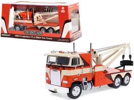 1984 Freightliner FLA 9664 Tow Truck Graphics 1/43 Diecast Model Car by Greenlight - Orange And White With Brown