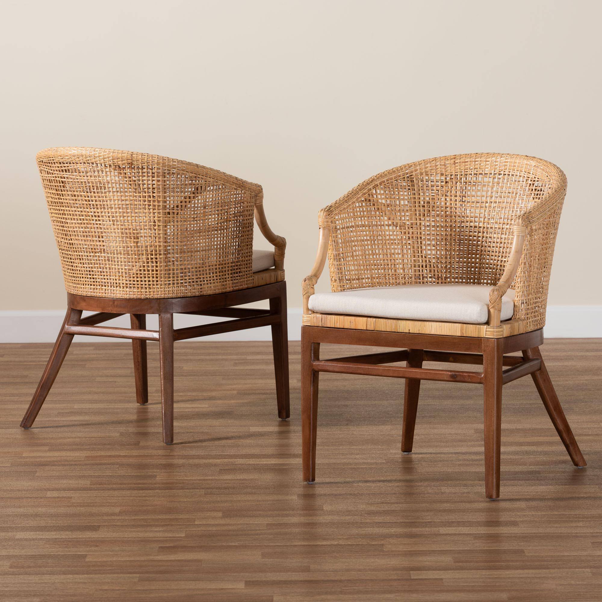 Alt View 4. bali & pari - Lumajang Bohemian Rattan and Wood 2-Piece Dining Chair Set - Light Honey/White/Walnut Brown.