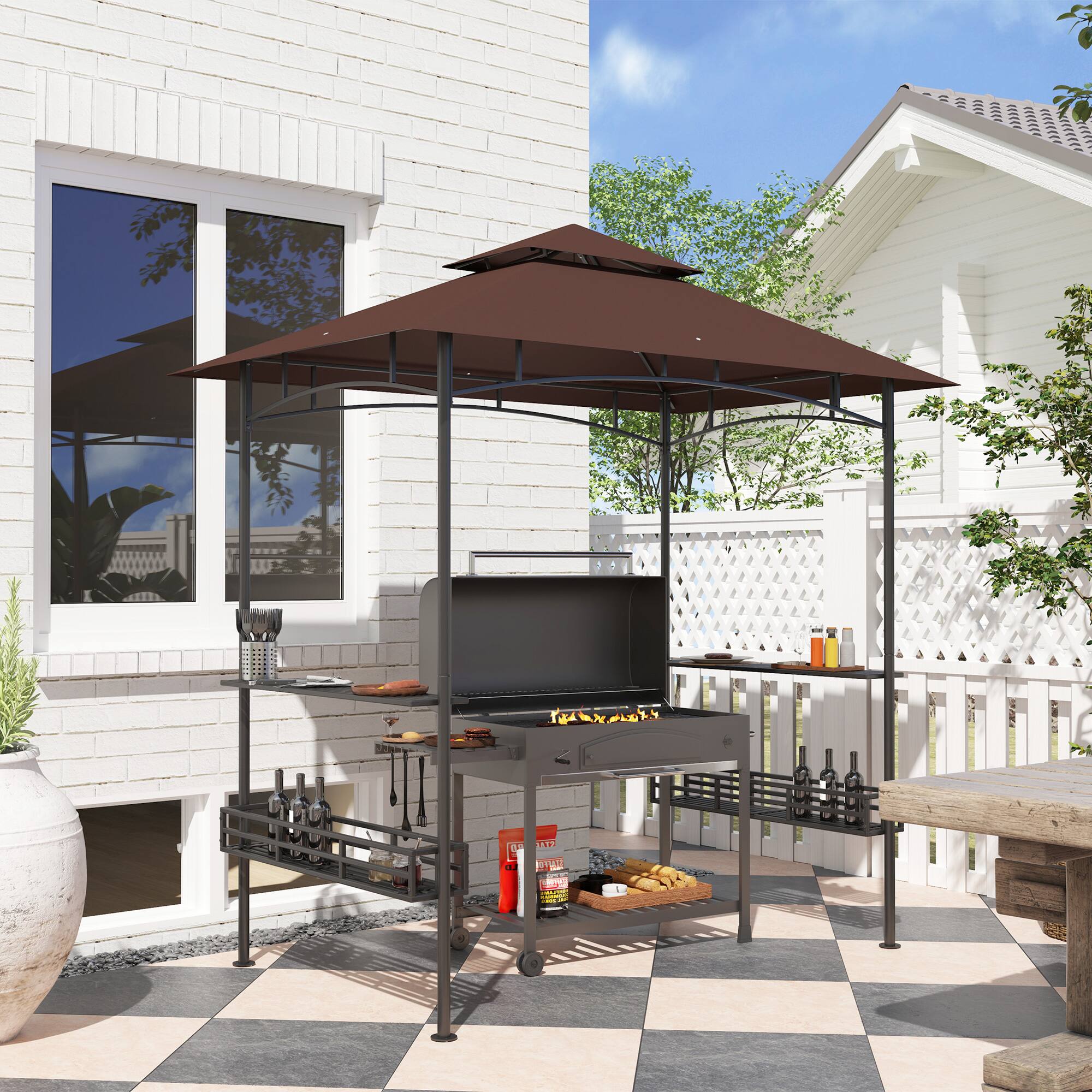Alt View 1. Outsunny - 8' x 5' Grill Gazebo, 2-Tier Outdoor BBQ Gazebo with Ceiling Hook, 2 Side Shelves and Storage Baskets - Brown.