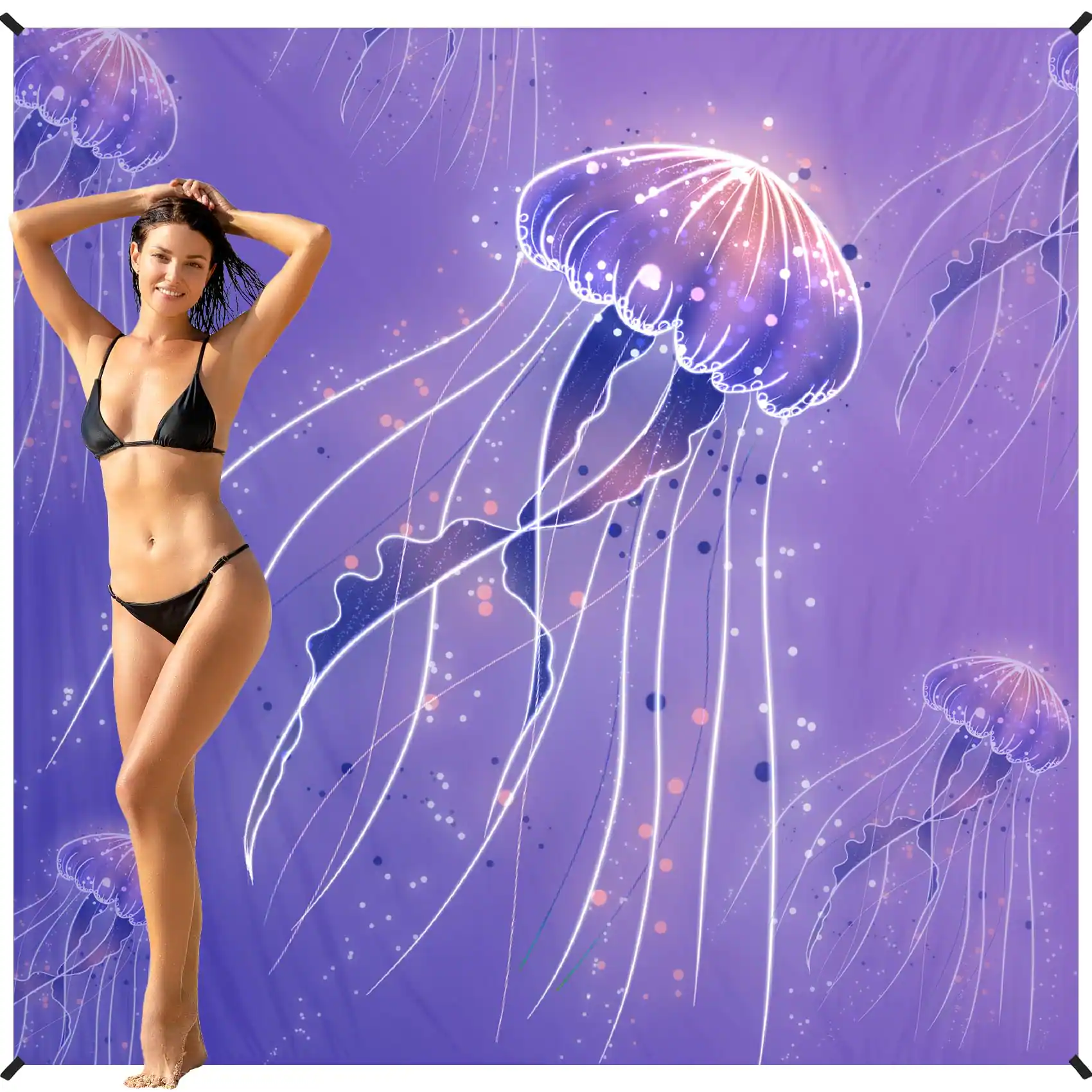 Front. Earthley Blooms - Beach Blanket 4-7 Adults Oversized Lightweight Waterproof Sandproof For Large Picnic Mat Travel Camping Pol... - Jellyfish-78''X81''.