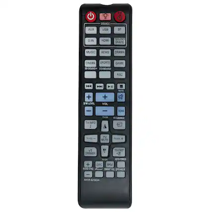 O: TV SOURCE AUX USB BT D.IN HDMI SOUND SHARE MUSIC NEWS DRAMA CINEMA SPORTS GAME 3D SOUND+ STANDARD ASC H4 D >I + S/WLEVEL + VOL MUTE - - TONE TV INFO ! TV CH TV SOURCE TV VVOL TV MUTE TVVOL + TV TV EXIT DIMMER - TV CH AUTO POWER + DRC REPEAT AUDIO SYNC Anyner SMART VOL SPEAKER | AH59-02583A