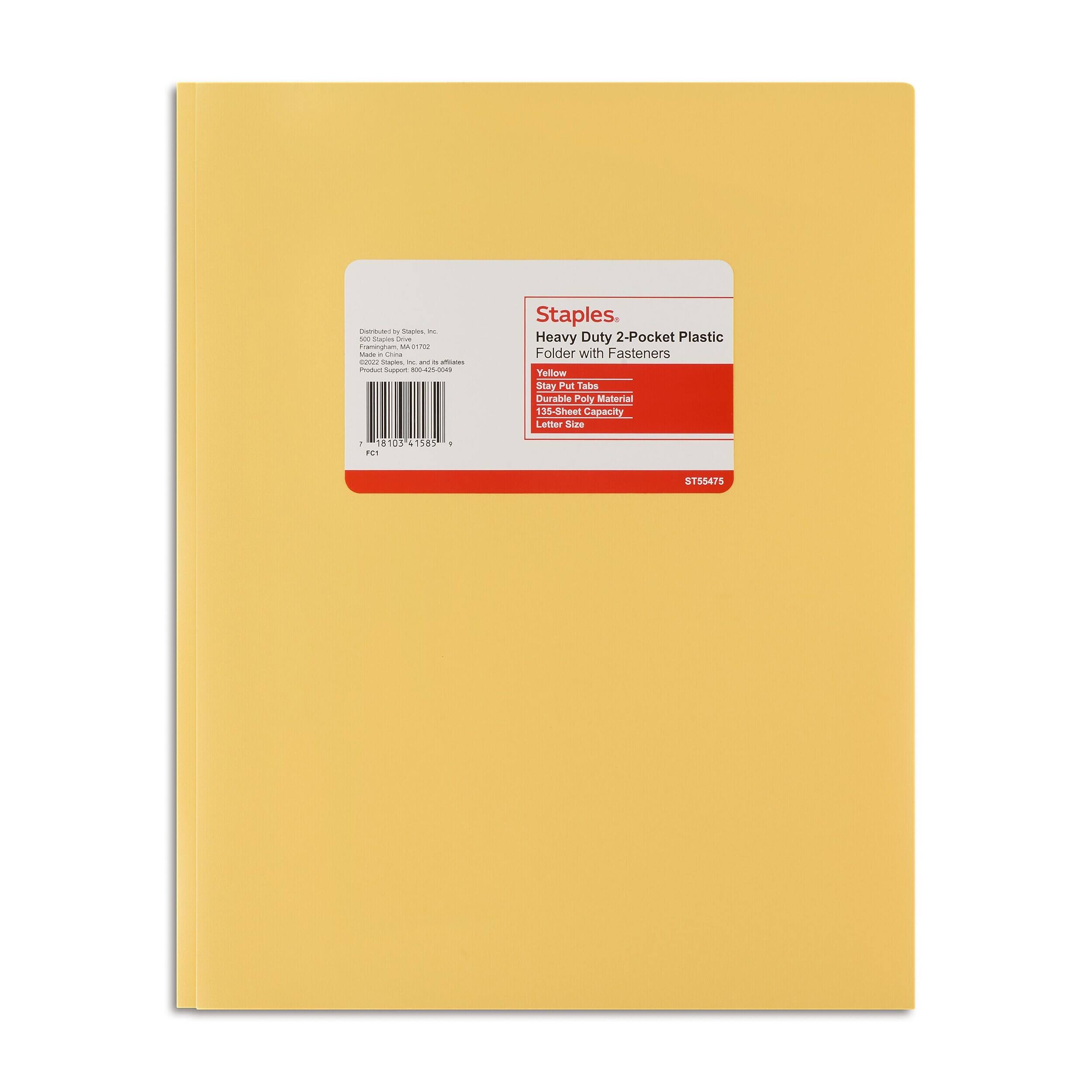Distributed by Staples Inc.  
Framingham, MA 01702  
©2022 Staples Inc. and its affiliates  
Product Support 800-425-0048  

Staples Heavy Duty 2-Pocket Plastic Folder with Fasteners  
Yellow Stay Put Tabs  
Durable Poly Material  
35-Sheet Capacity  
Letter Size  

1 8103 41585 FC1  
ST55475