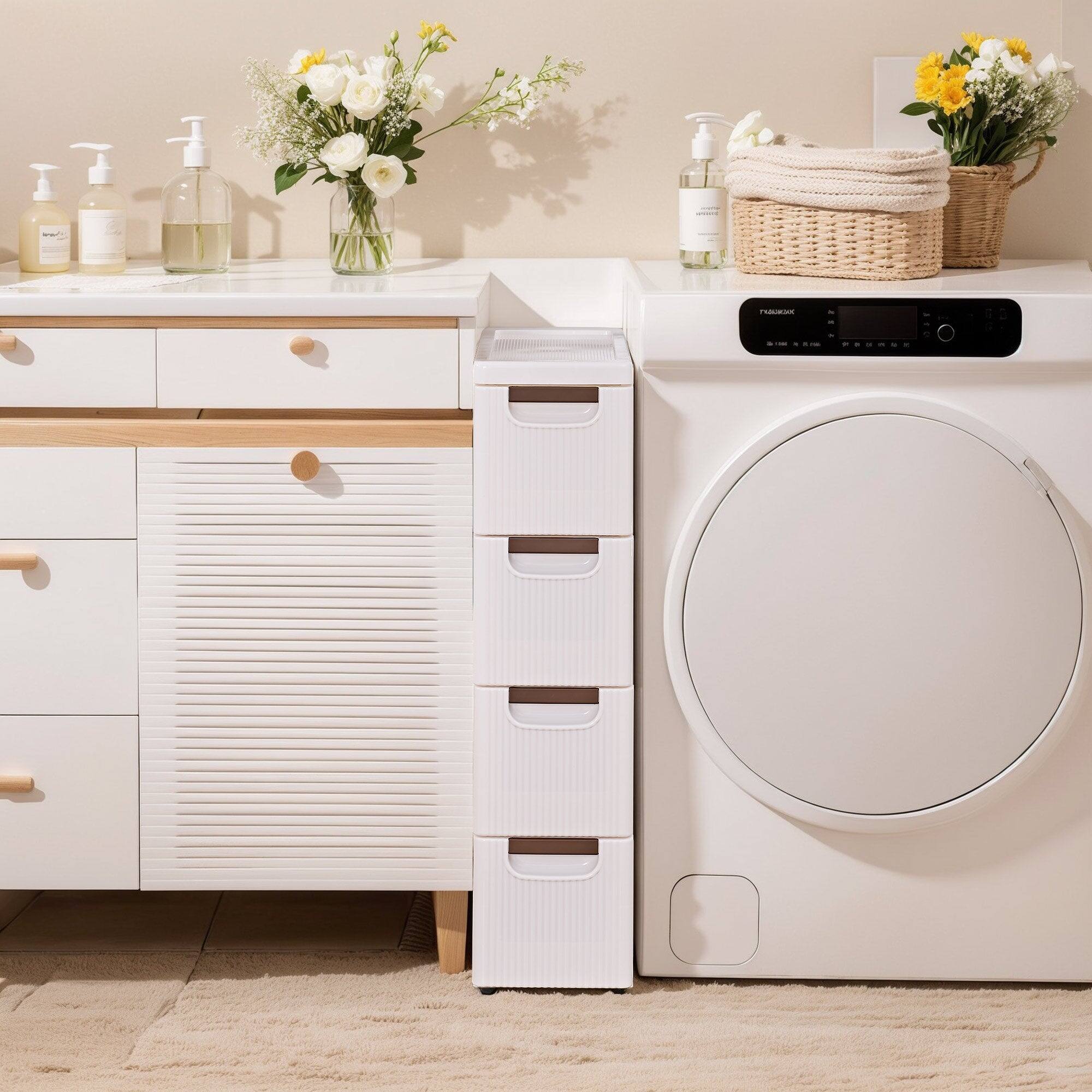 Back. Vecelo - 4-Drawer Rolling Storage Cart with Wheels — Narrow Plastic Utility Cabinet for Small Spaces - Beige.