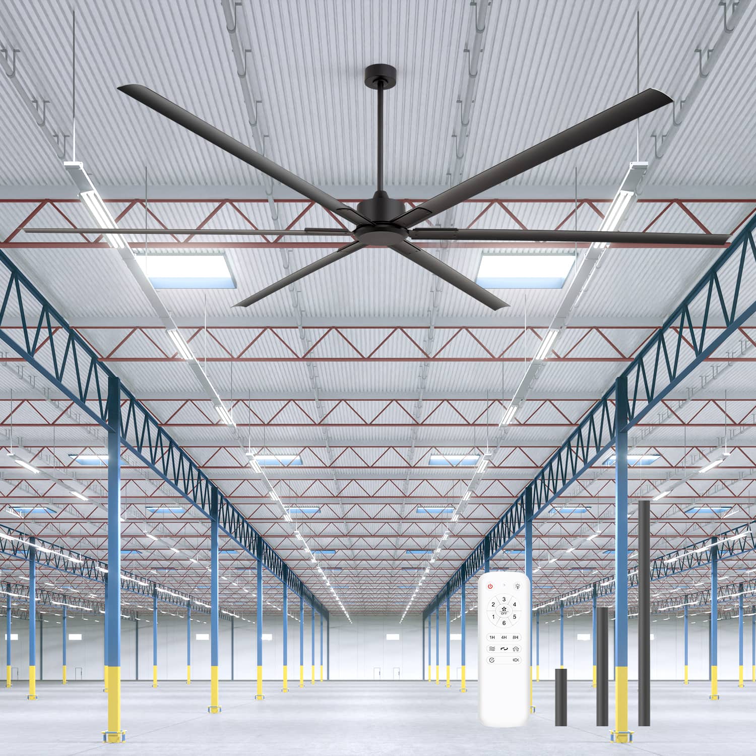 Breezary - 120 Inch Large12ft HVLS Industrial Ceiling Fan, DC Motor, Aluminum Blades, Downrod Mount, High Airflow, Commercial Grade - 120-in Black / 6-Blade