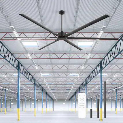 Front. Breezary - 120 Inch Large12ft HVLS Industrial Ceiling Fan, DC Motor, Aluminum Blades, Downrod Mount, High Airflow, Commercial Grade - 120-in Black / 6-Blade.