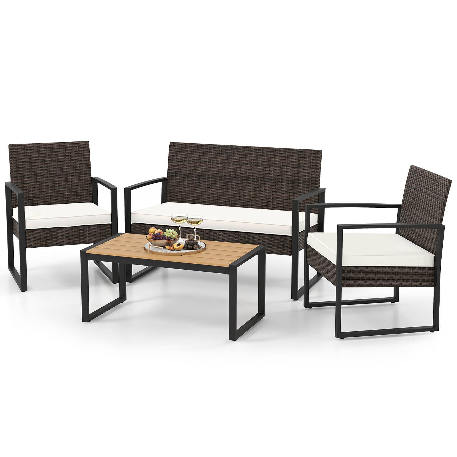 Gymax - 4 Pieces Patio Furniture Set PE Rattan Porch Chairs w/ Loveseat & Coffee Table - Off White, Mix Brown price history on PriceWatchPro