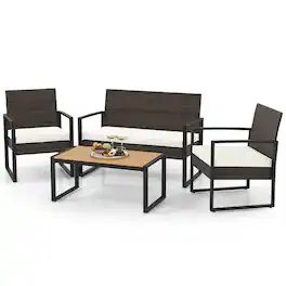 Gymax - 4 Pieces Patio Furniture Set PE Rattan Porch Chairs w/ Loveseat & Coffee Table - Off White, Mix Brown