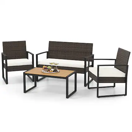 Front. Gymax - Gymax 4 Pieces Patio Furniture Set PE Rattan Porch Chairs w/ Loveseat & Coffee Table - Off White, Mix Brown.