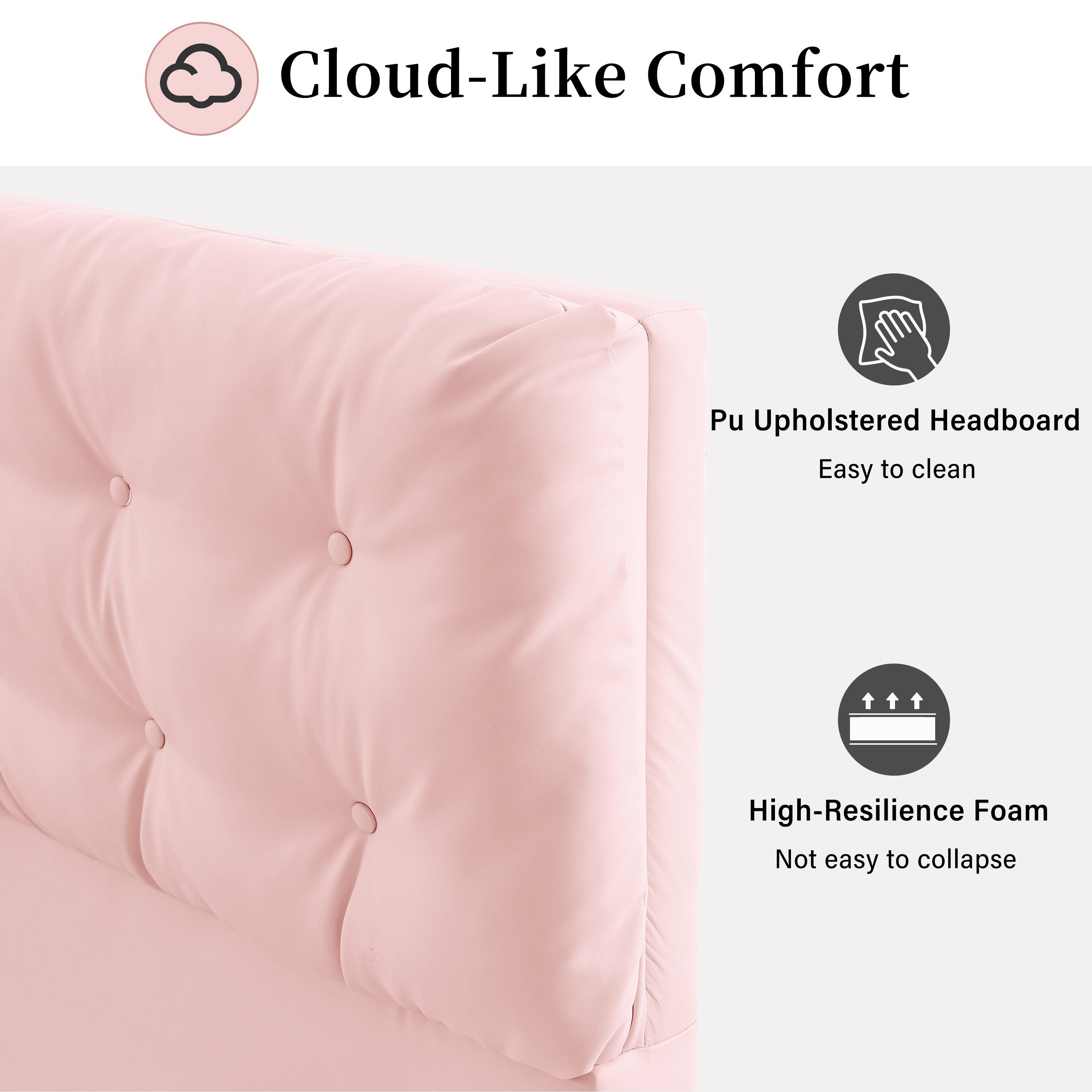 Cloud-Like Comfort  
Pu Upholstered Headboard  
Easy to clean  
High-Resilience Foam  
Not easy to collapse