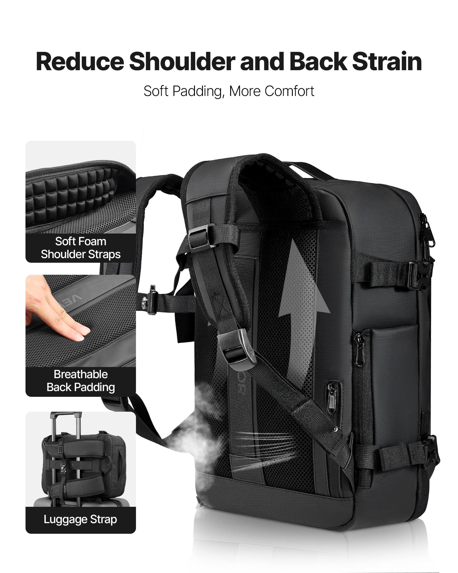 Reduce Shoulder and Back Strain  
Soft Padding, More Comfort  

Soft Foam Shoulder Straps  
Breathable Back Padding  
Luggage Strap