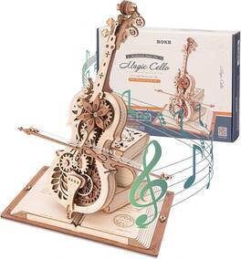 Robotime - ROKR 3D Wooden Puzzles for Adults,Wooden Music Box Kits-Cello Wood Model Kits for Adults to Build - Brown