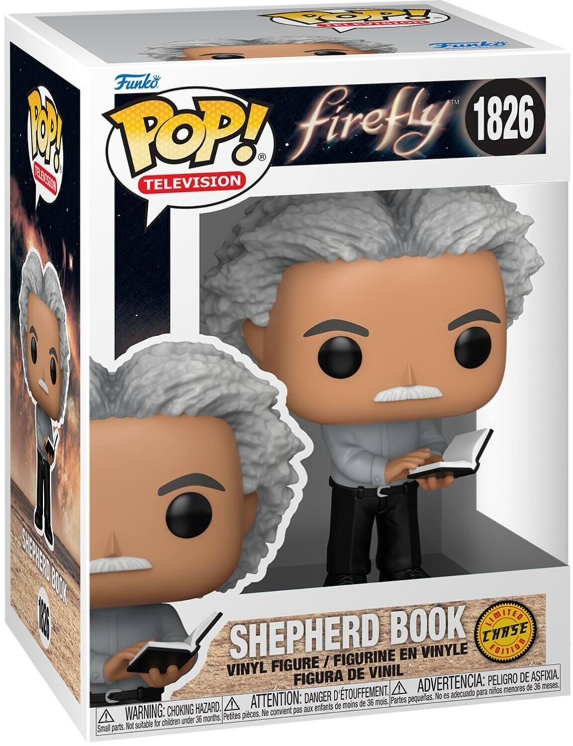 **Front:**
- Funko POP! Television
- Firefly 1826
- Shepherd Book
- Vinyl Figure / Figurine en Vinyle / Figura de Vinil
- Limited Chase Edition

**Side:**
- POP! Television
- Shepherd Book

**Bottom:**
- Warning: Choking Hazard. Small parts. Not suitable for children under 36 months.
- Attention: Danger d'étouffement. Petites pièces. Ne convient pas aux enfants de moins de 36 mois.
- Advertencia: Peligro de asfixia. Piezas pequeñas. No es adecuado para niños menores de 36 meses.