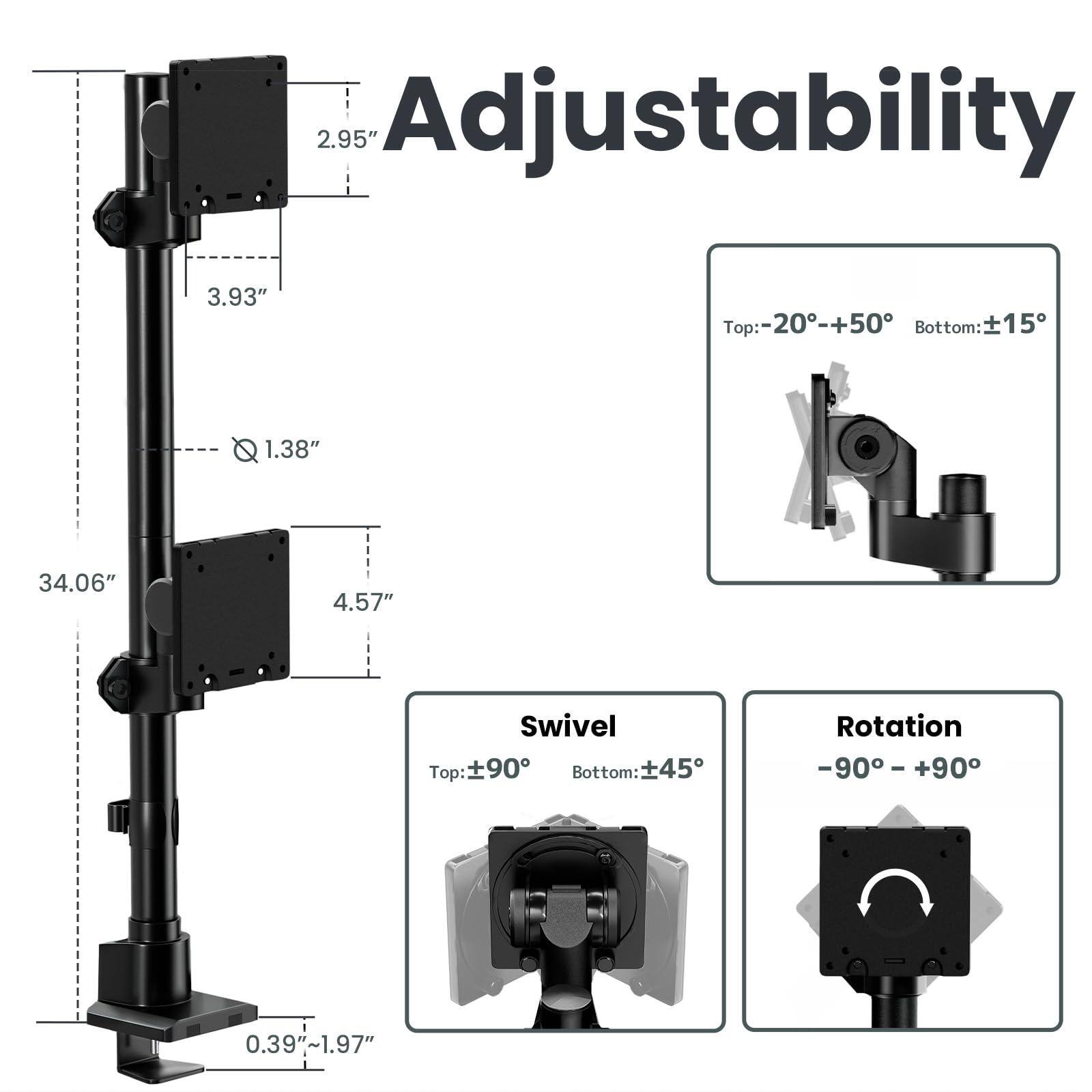 Adjustability

- 2.95" 
- 3.93" 
- 1.38" 
- 34.06" 
- 4.57" 
- 0.39" ~1.97"

Top: -20° +50° 
Bottom: ±15°

Swivel
- Top: ±90° 
- Bottom: ±45°

Rotation
- -90° +90°