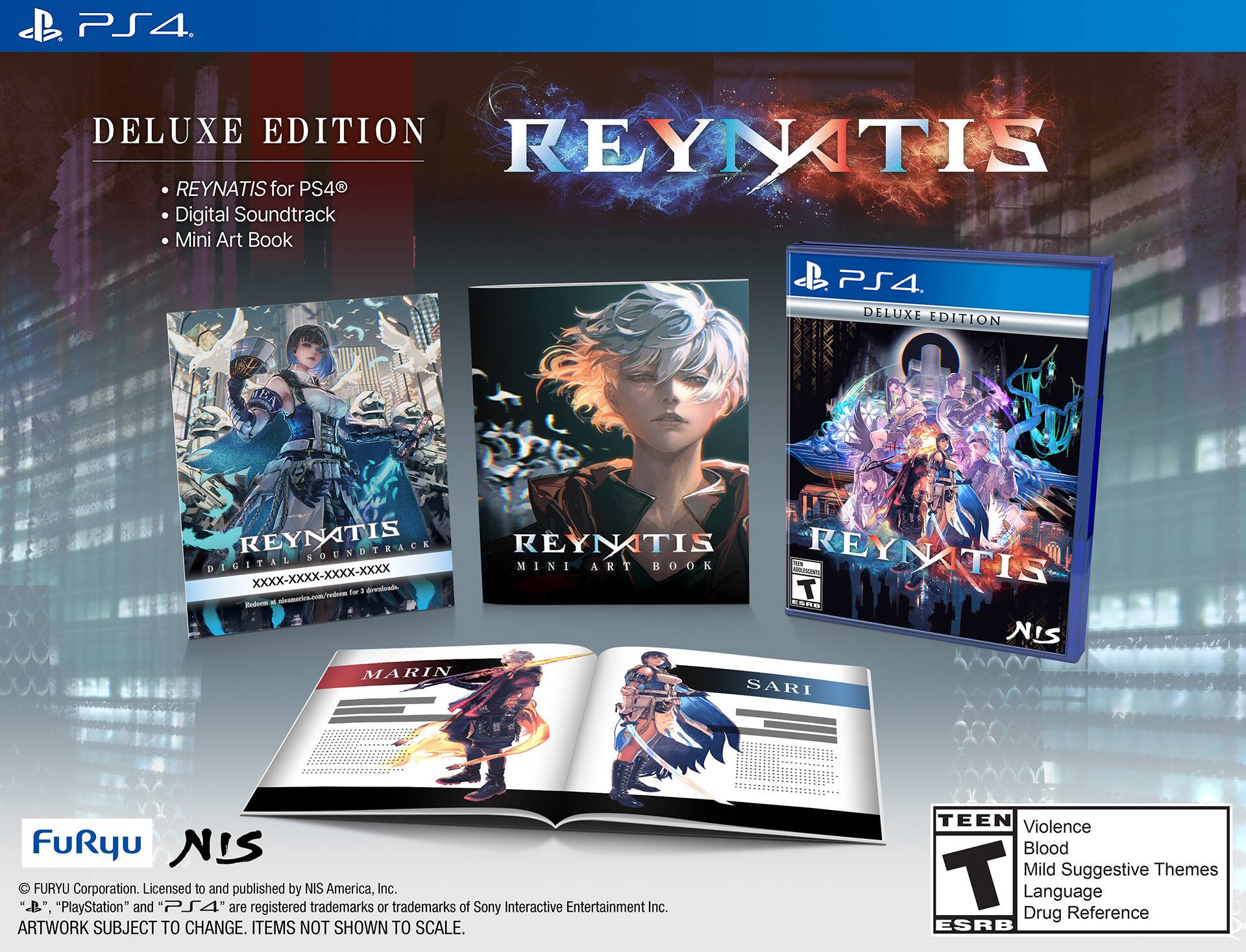 PS4. DELUXE EDITION REYNATIS REYNATIS for PS4 Digital Soundtrack Mini Art Book & PS4. DELUXE EDITION BA REYNATIS SOUNDTRACK REYNATIS REYNITIS DIGITAL MINI ART BOOK - XxXx-XXXX-XXXX-XXXX - dovalonds T for Redero a unericg.coa/cdmm 5S8 NIS MARIN SARI FuRyu NIS FURYU Corporation. Licensed to and published by NIS America, Inc. "PlayStation" and PS4' are registered trademarks or trademarks of Sony Interactive Entertainment Inc. ARTWORK SUBJECT TO CHANGE. ITEMS NOT SHOWN TO SCALE. TEEN Violence Blood Mild Suggestive Themes T Language Drug Reference ESRB.