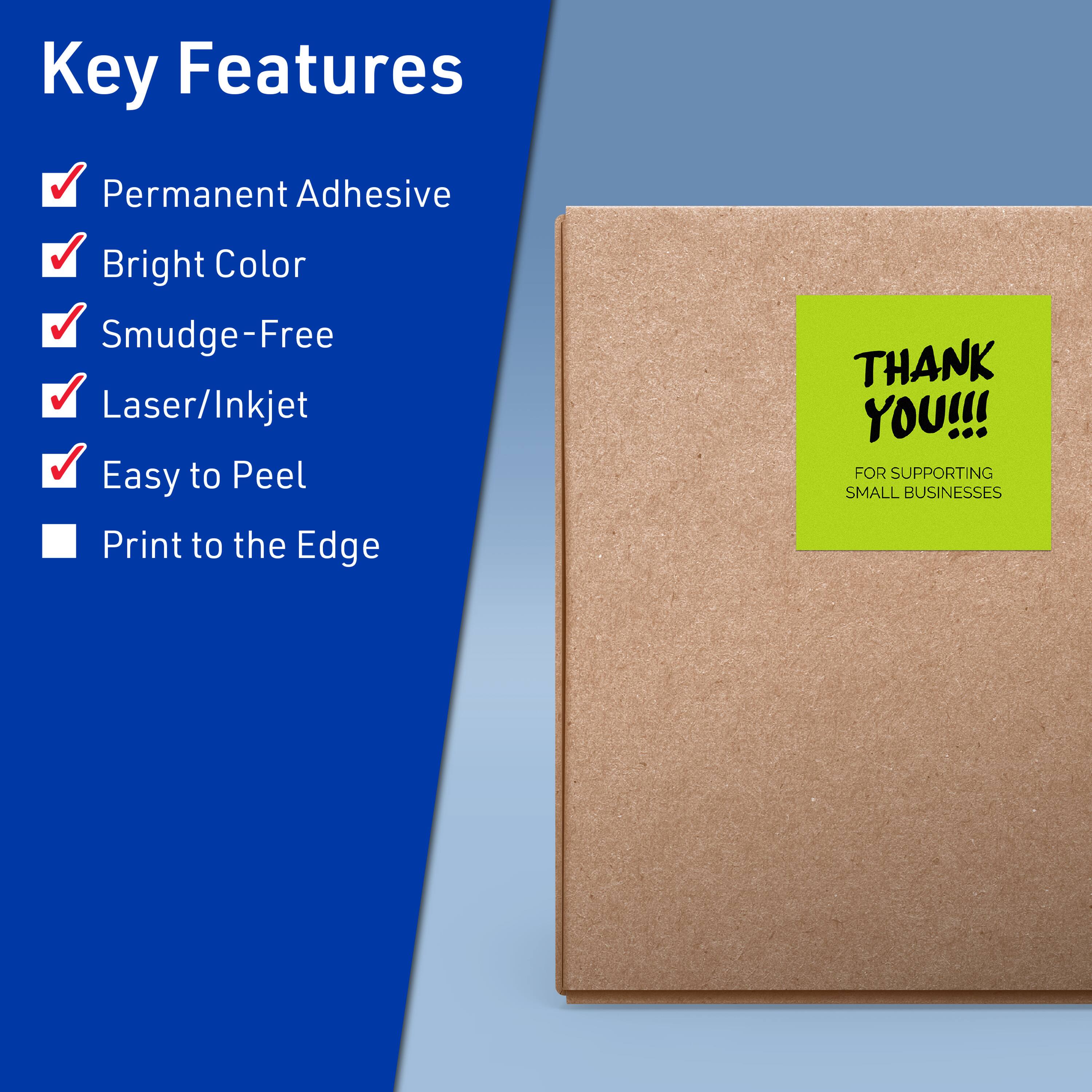 Key Features  
- Permanent Adhesive  
- Bright Color  
- Smudge-Free  
- Laser/Inkjet  
- Easy to Peel  
- Print to the Edge  

THANK YOU!!! FOR SUPPORTING SMALL BUSINESSES