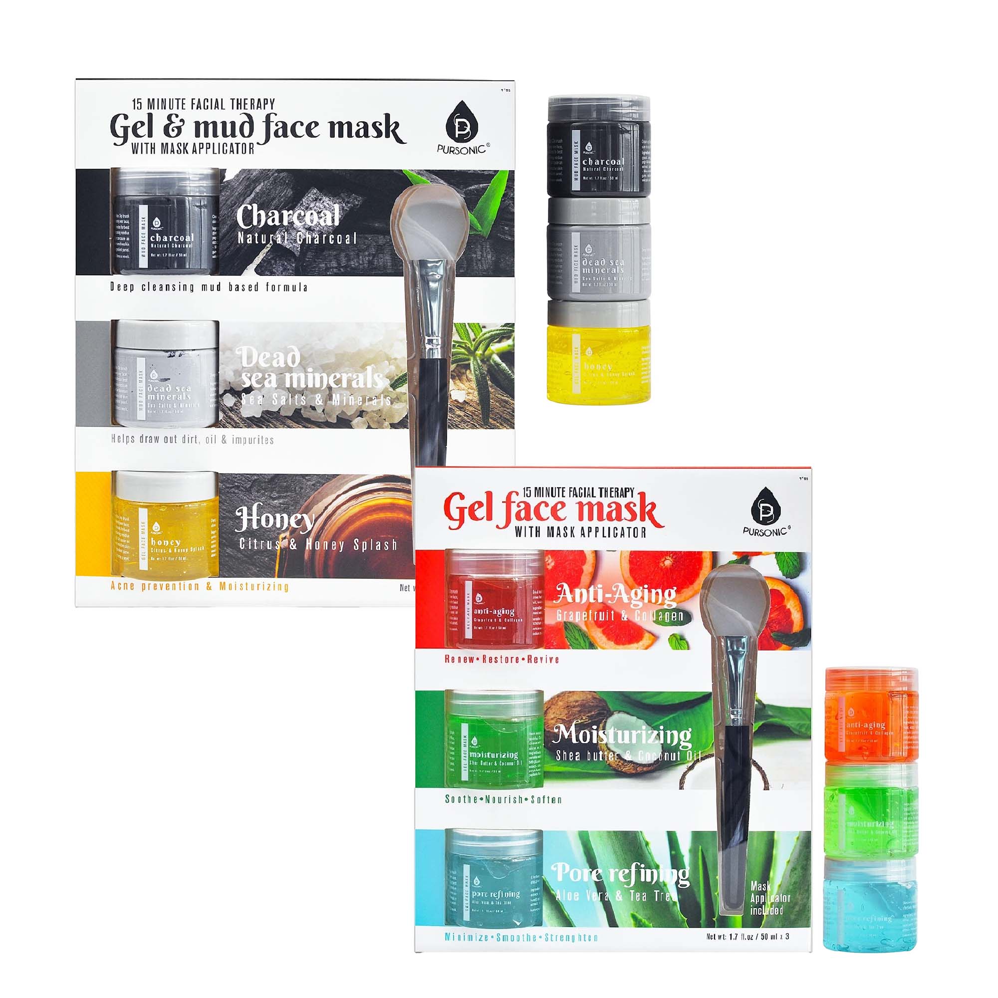 15 MINUTE FACIAL THERAPY  
Gel & mud face mask  
WITH MASK APPLICATOR  

Charcoal  
Natural Charcoal  
Deep cleansing mud based formula  

Dead sea minerals  
Sea Salts & Minerals  
Helps draw out dirt, oil & impurities  

Honey  
Citrus & Honey Splash  
Acne prevention & Moisturizing  

Anti-Aging  
Grapfruit & Goji Berry  
Rejuvenate-Retrieve  

Moisturizing  
Shea Butter & Coconut Oil  
Nourish-Soothe-Softens  

Pore refining  
Blue Vera & Tea Tree  
Smooth-Strengthen  

15 MINUTE FACIAL THERAPY  
Gel face mask  
WITH MASK APPLICATOR  

Anti-Aging  
Grapfruit & Goji Berry  
Rejuvenate-Retrieve  

Moisturizing  
Shea Butter & Coconut Oil  
Nourish-Soothe-Softens  

Pore refining  
Blue Vera & Tea Tree  
Smooth-Strengthen  

Net wt. 17.6 oz / 500 g / 13