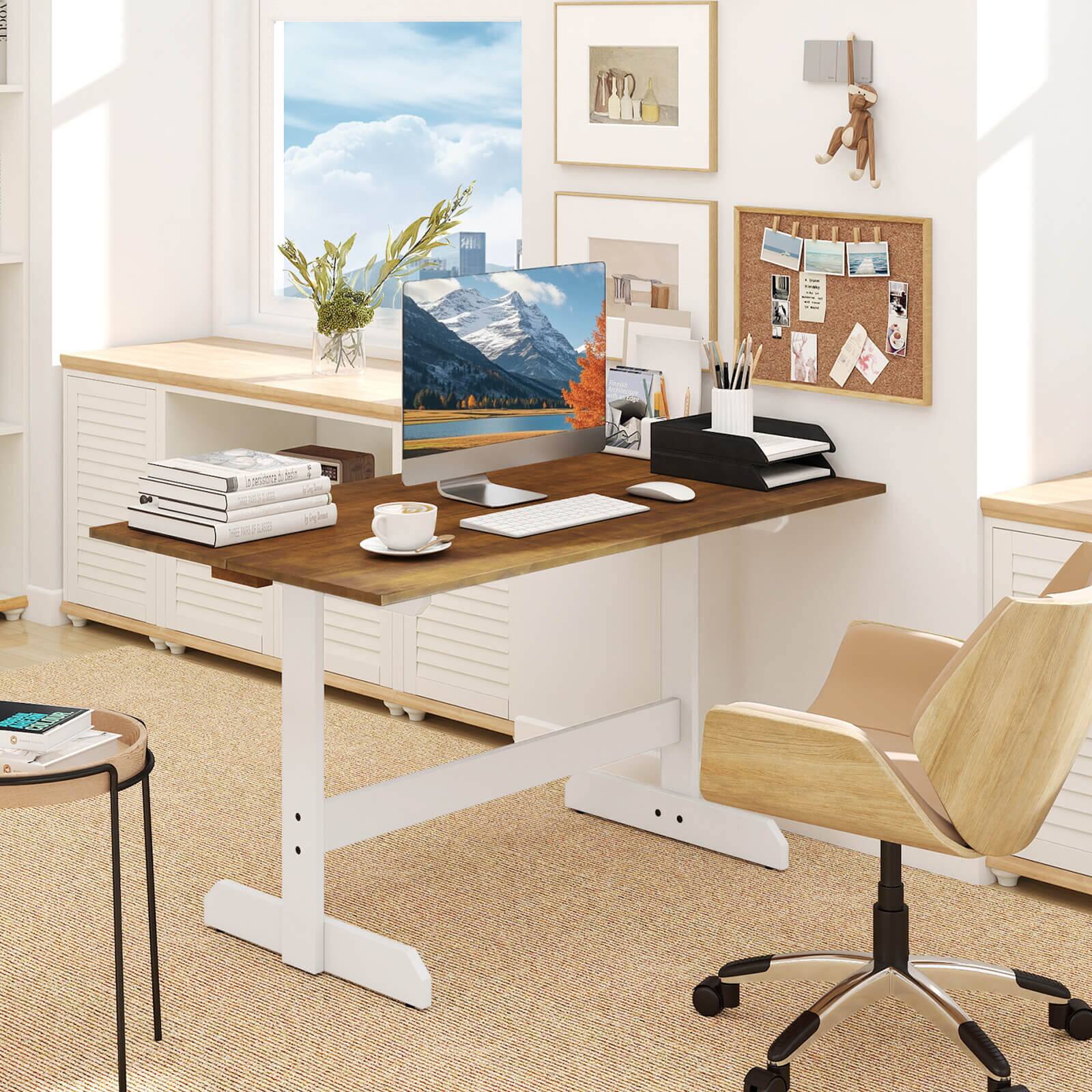 Alt View 1. Costway - Costway 55" Dining Table for 4-6 People, Rectangular Kitchen Table with Wood Trestle Base - Walnut,White.