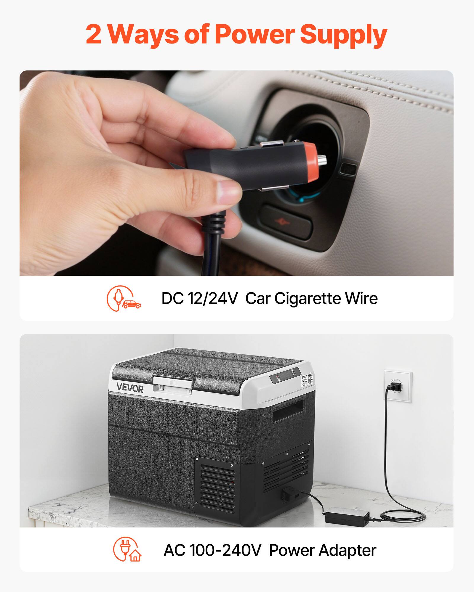 2 Ways of Power Supply
DC 12/24V Car Cigarette Wire
AC 100-240V Power Adapter