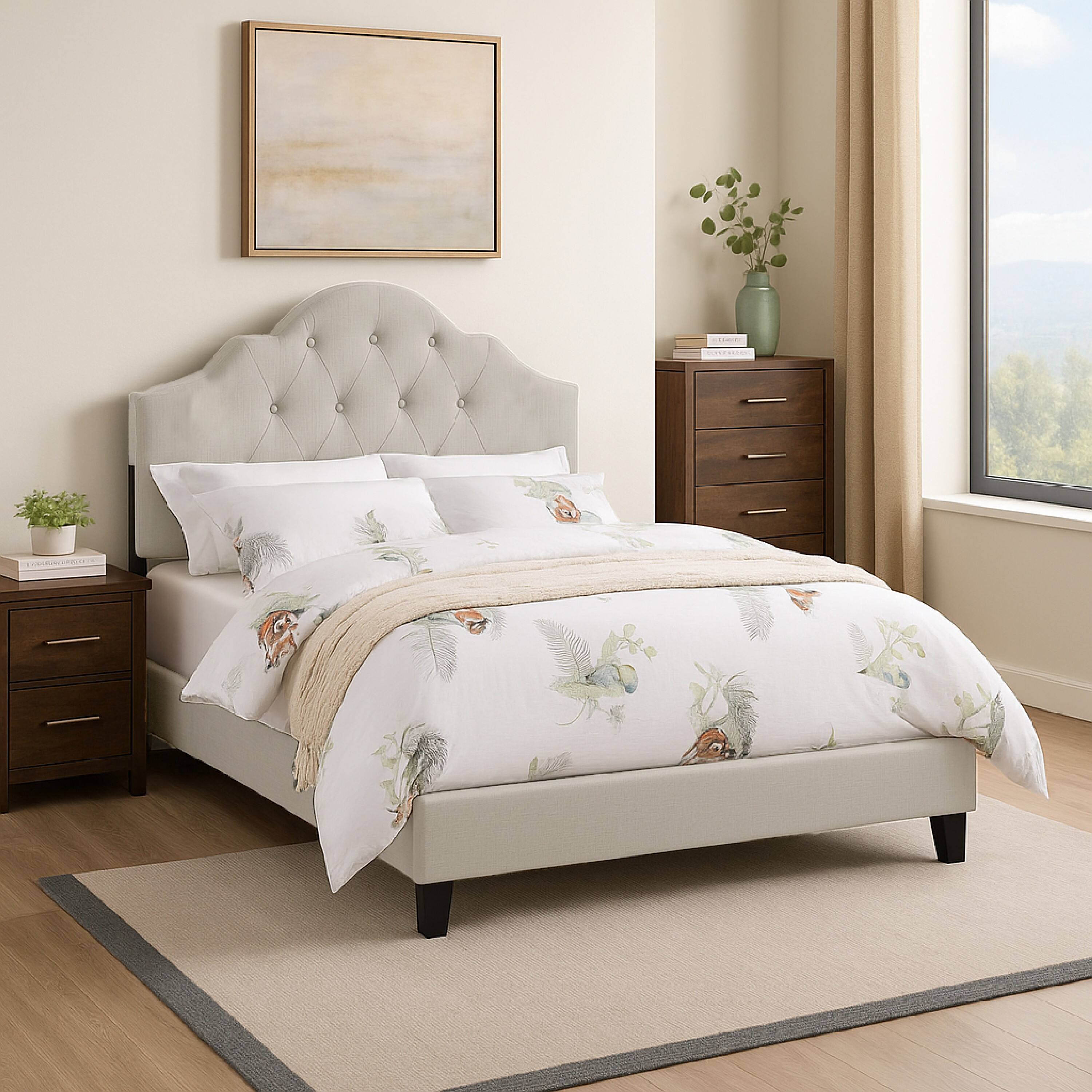 Alt View 5. Manhattan Lane - Eni Upholstered Full Size Bed, Tufted Adjustable Headboard, Taupe Fabric - Taupe.
