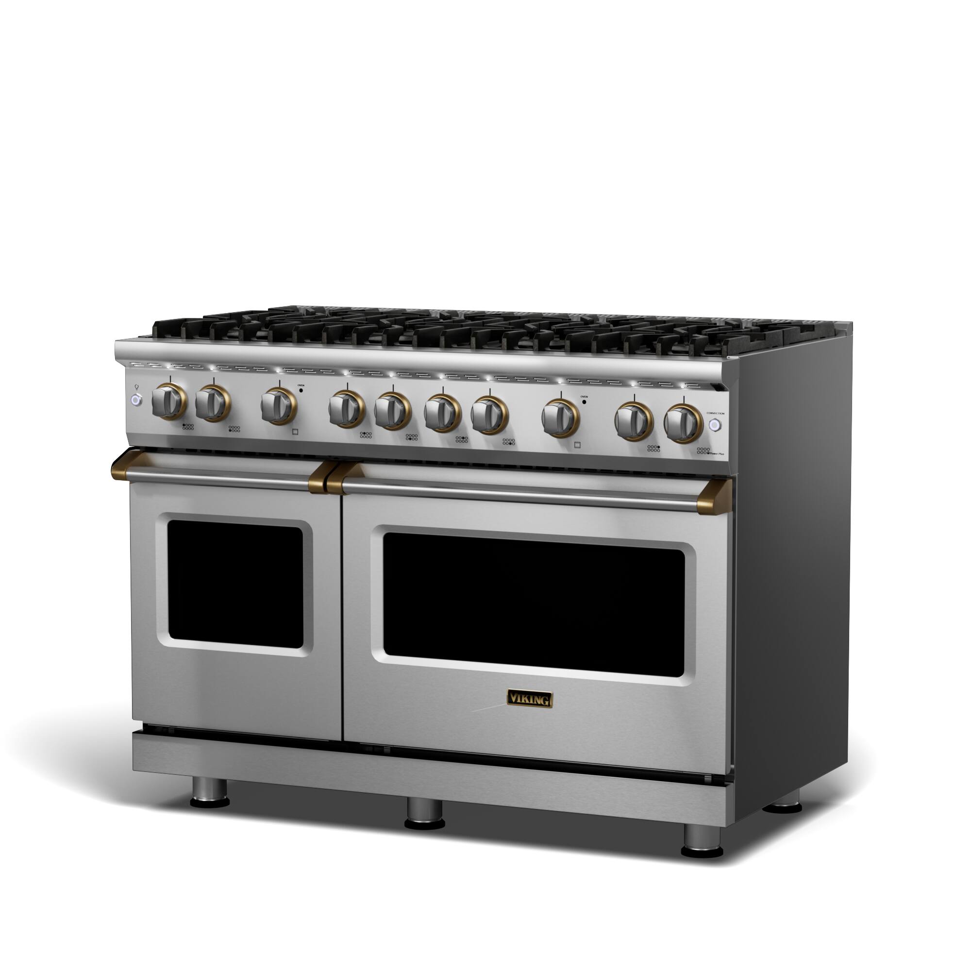 Angle. Viking - 5-Series Dual Fuel Self-Clean 48"W Sealed Burner Range - Stainless with Brushed Brass Accents.