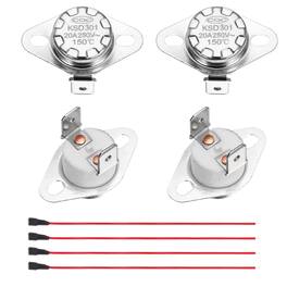 Unique Bargains - 2pcs KSD301 Thermostat 150°C/302°F 20A Normally Closed N.C Adjust Snap Disc Temp Switch with Terminal Wire Ceramic - Silver