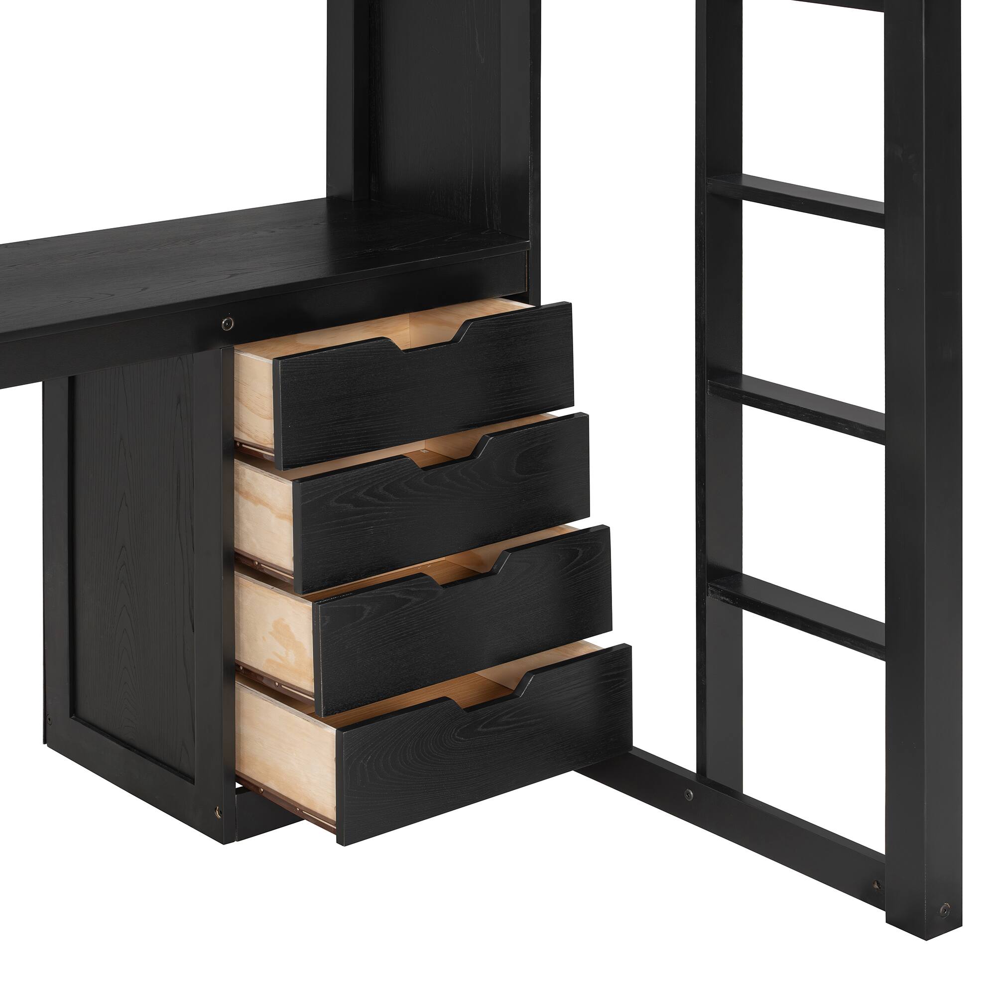Back. Anysun - Twin Solid Wood Loft Bed with L-Shaped Desk & 4 Drawers -App-Controlled RGB Lights, USB Ports & 4-Tier Shelves - Black.