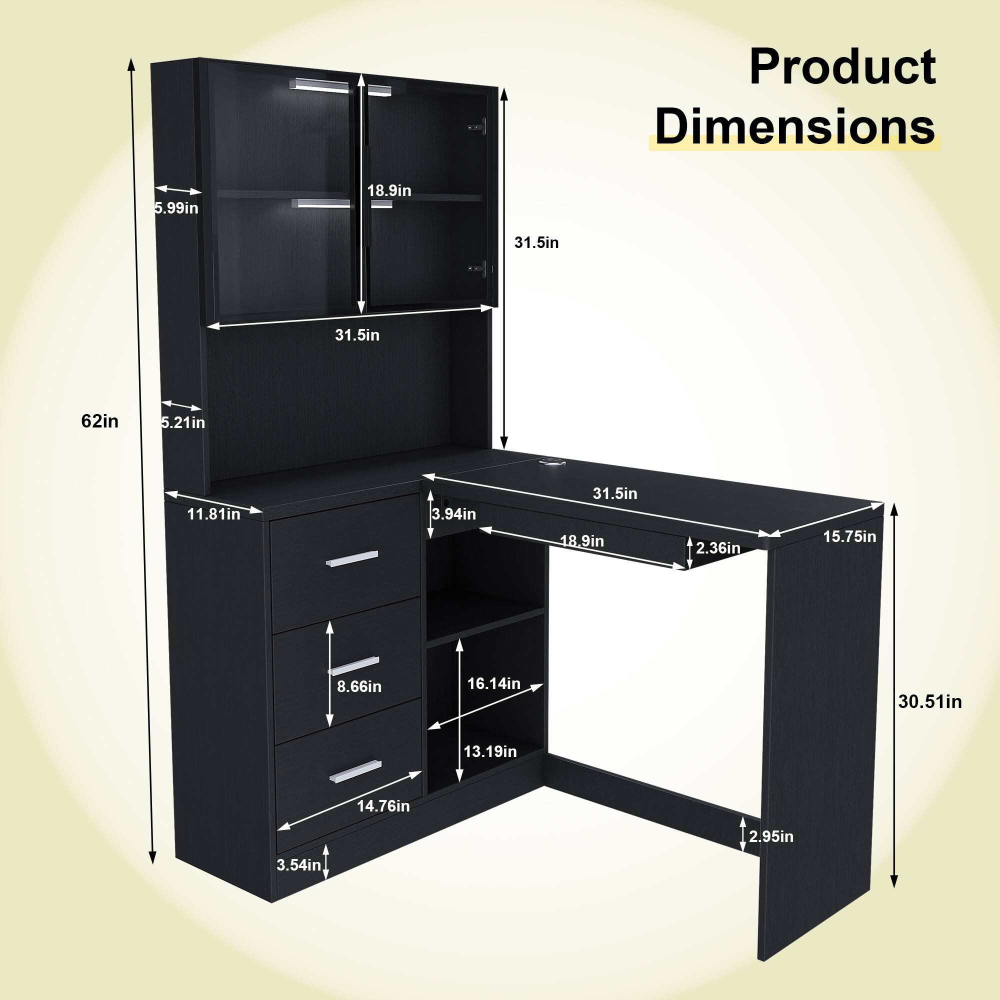 Product Dimensions

- Height: 62in
- Width: 31.5in
- Depth: 18.9in
- Drawer Height: 5.21in
- Drawer Width: 11.81in
- Drawer Depth: 3.94in
- Shelf Height: 31.5in
- Shelf Width: 18.9in
- Shelf Depth: 2.36in
- Bottom Shelf Height: 15.75in
- Bottom Shelf Width: 30.51in
- Bottom Shelf Depth: 8.66in
- Bottom Shelf Height: 16.14in
- Bottom Shelf Width: 13.19in
- Bottom Shelf Depth: 2.95in
- Bottom Shelf Height: 3.54in