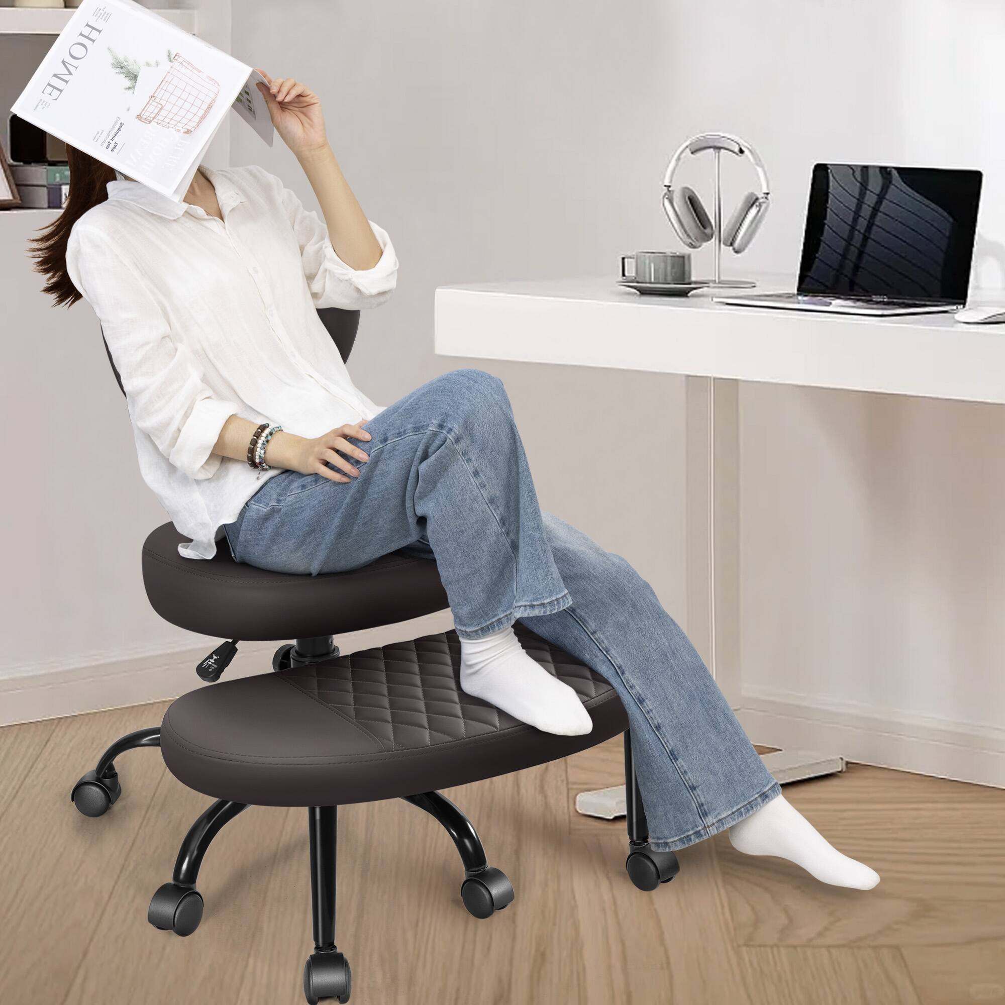 Alt View 5. KERDOM - Ergonomic Wide Cross Legged Office Chair with Wheels, Yoga Meditation Chair Kneeling Chair, ADHD Desk Chair PU Leather - Brown.