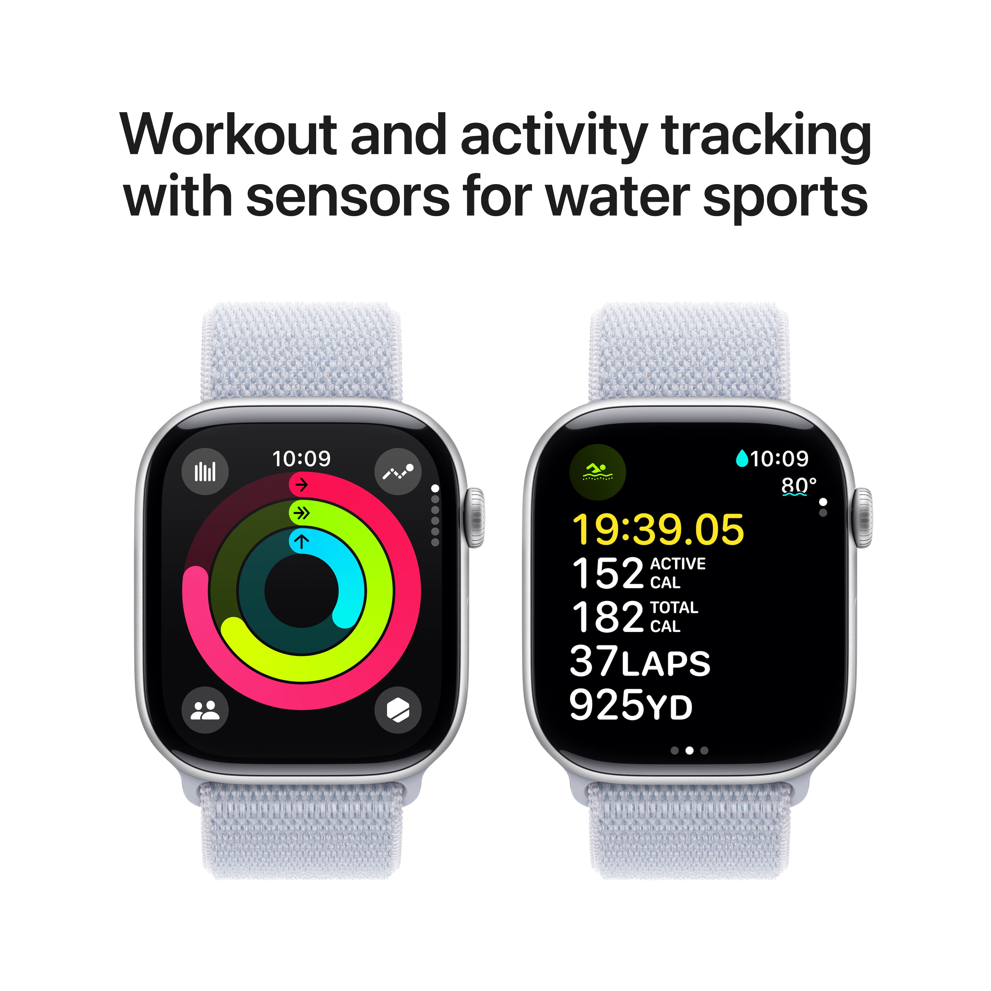 Workout and activity tracking with sensors for water sports. 10:09 10:09 80 19:39.05 ACTIVE 152 CAL TOTAL 182 CAL 37 7 LAPS 925 YD
