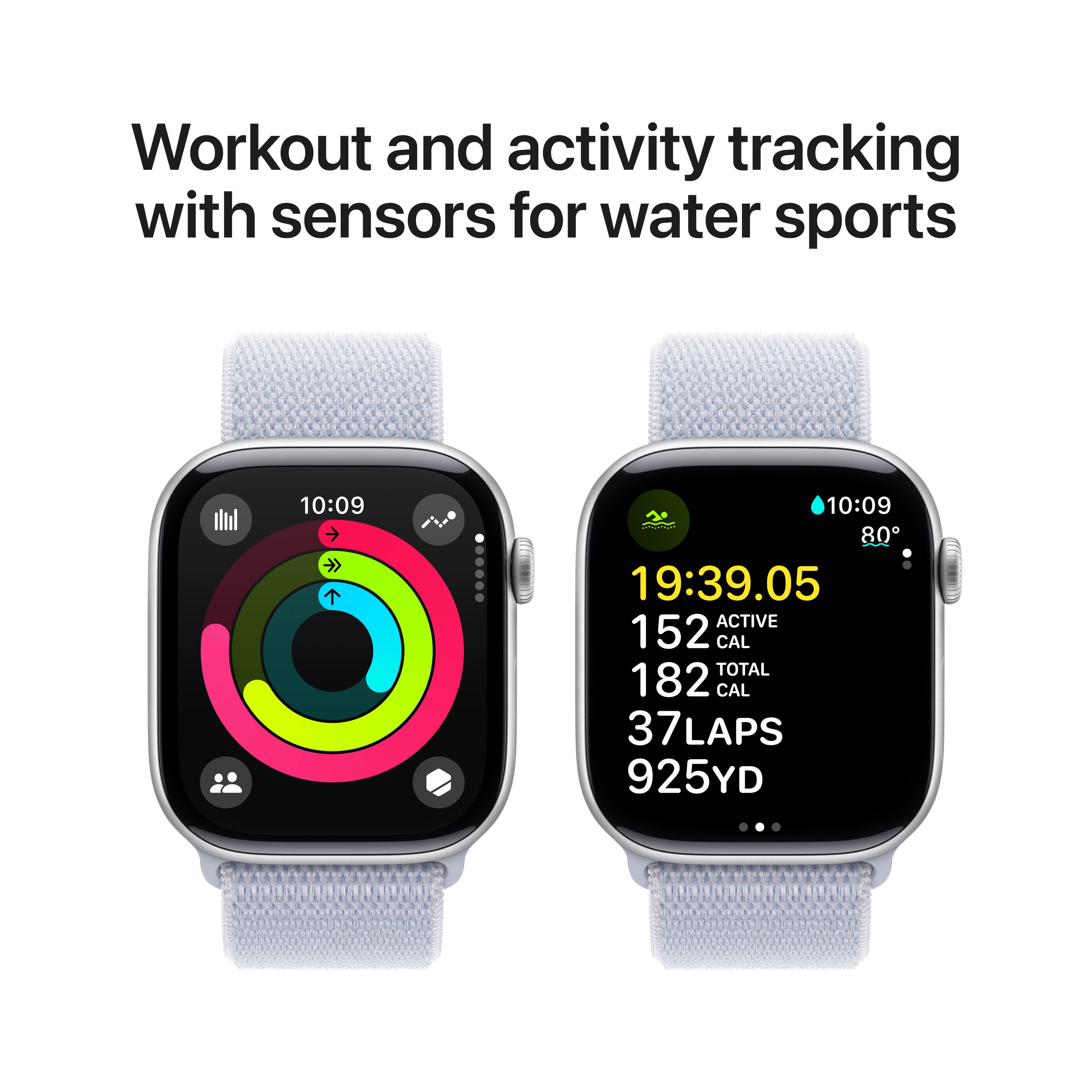 Workout and activity tracking with sensors for water sports. 10:09  10:09  80  19:39.05   ACTIVE  152   CAL   TOTAL  182   CAL  37  7 LAPS  925 YD