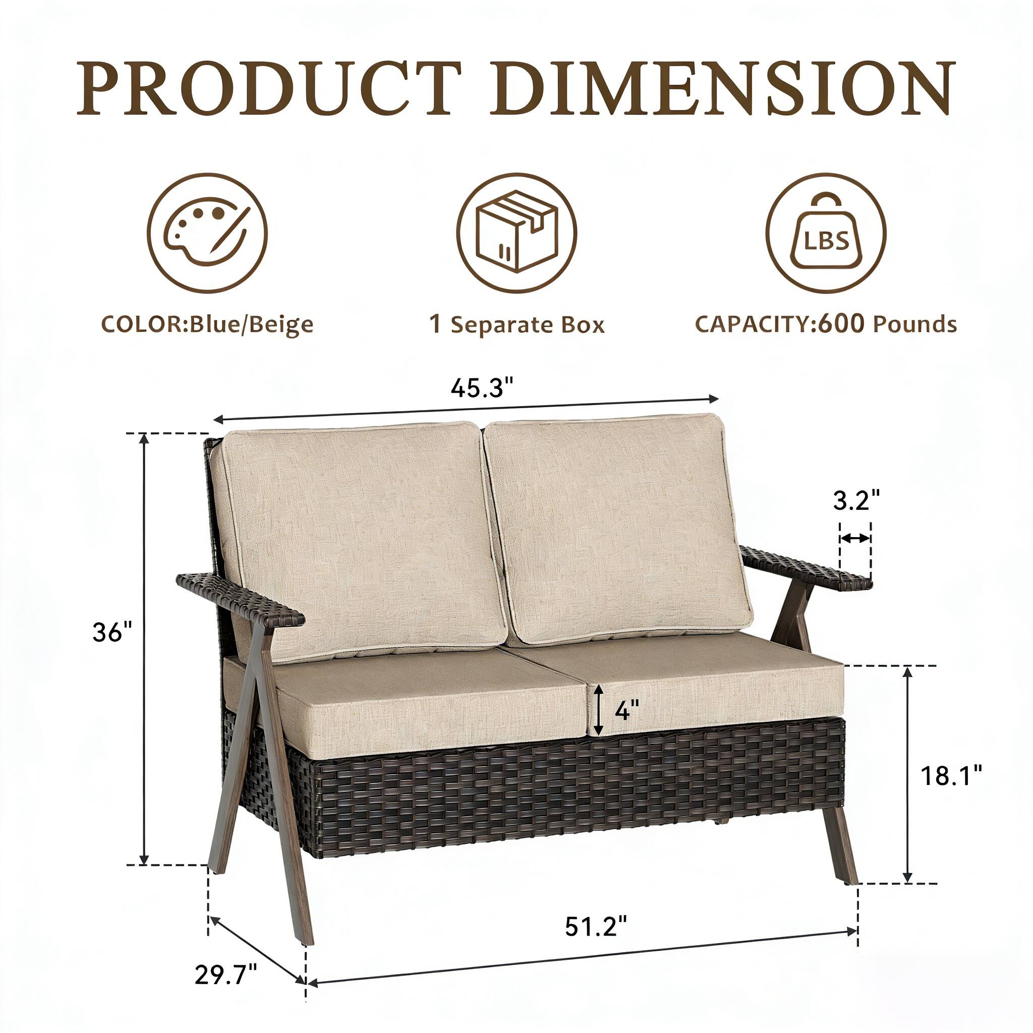 PRODUCT DIMENSION  
COLOR: Blue/Beige  
1 Separate Box  
CAPACITY: 600 Pounds  

45.3"  
36"  
29.7"  
51.2"  
18.1"  
3.2"  
4"