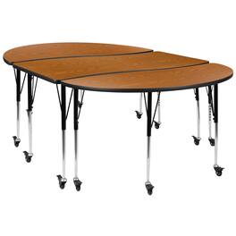 Flash Furniture - Emmy 3 Piece Mobile 86" Oval Wave Flexible Oak Thermal Laminate Activity Table Set-Standard Height Adjustable Legs - Brown