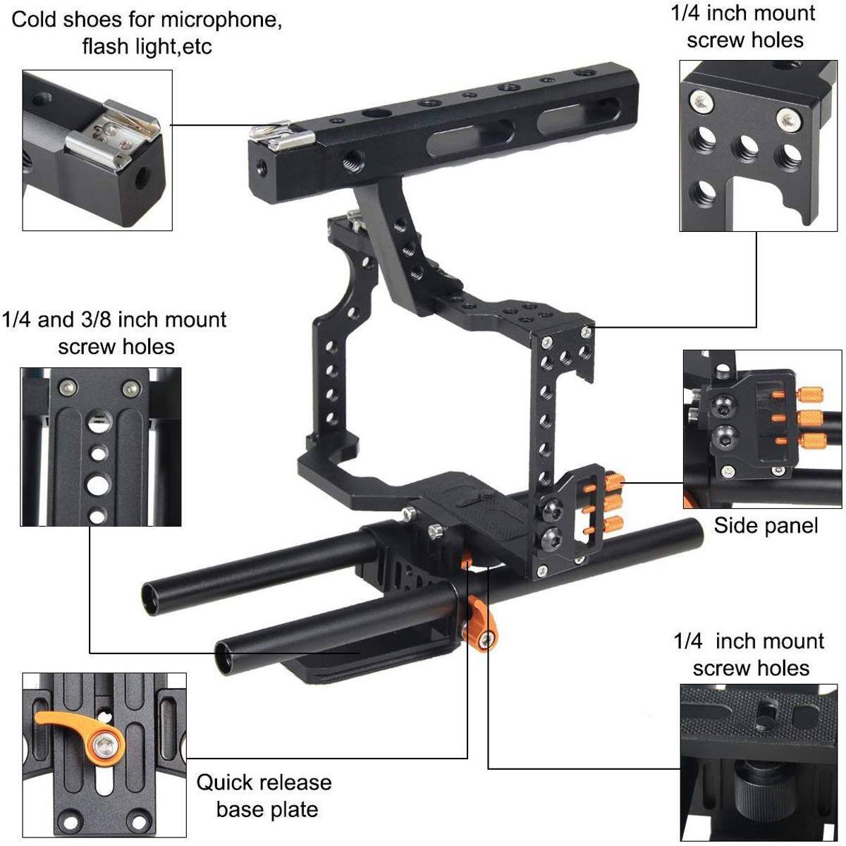 Cold shoes for microphone, flash light, etc

1/4 inch mount screw holes

1/4 and 3/8 inch mount screw holes

Side panel

1/4 inch mount screw holes

Quick release base plate