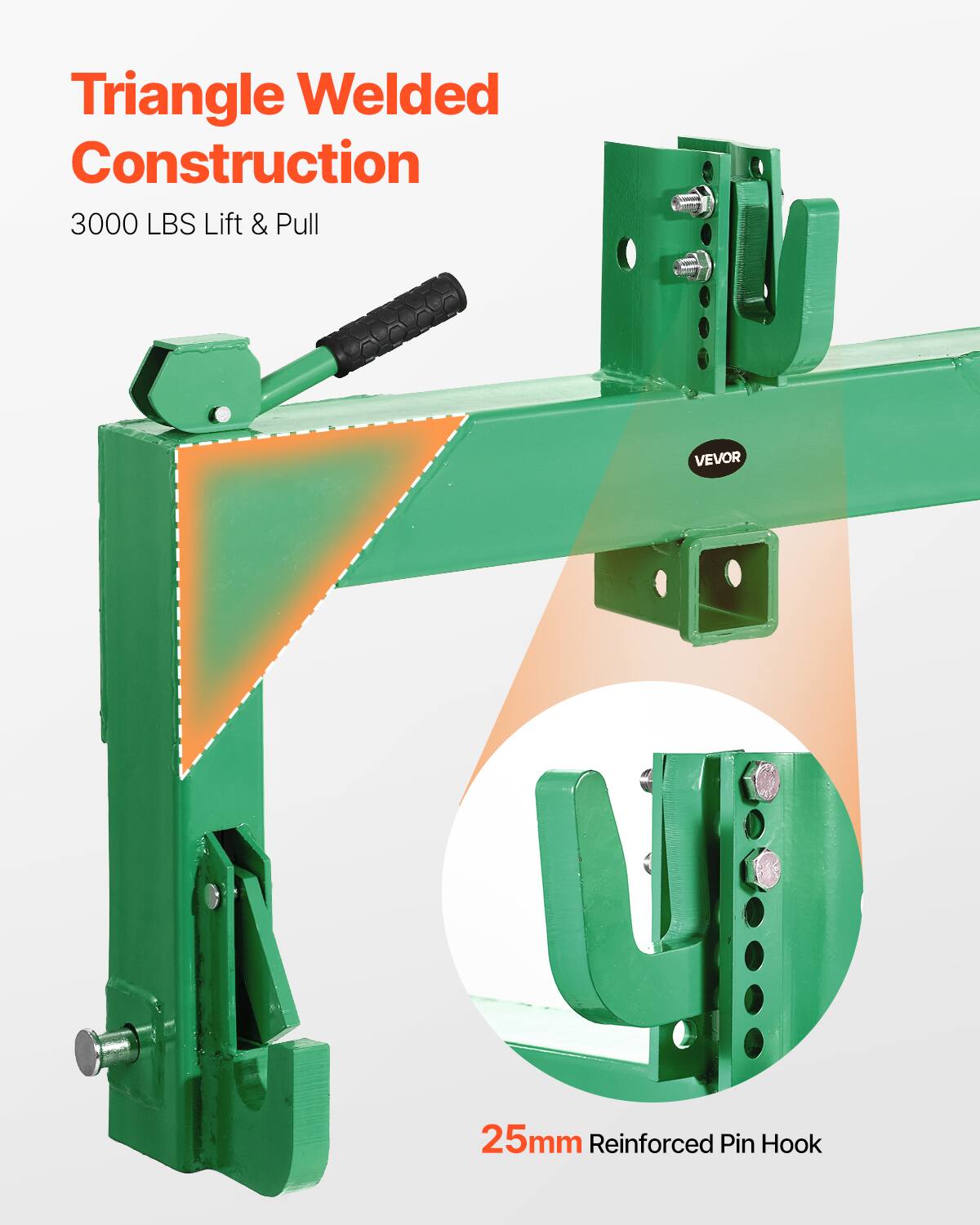 Triangle Welded Construction  
3000 LBS Lift & Pull  

25mm Reinforced Pin Hook  

VEVOR