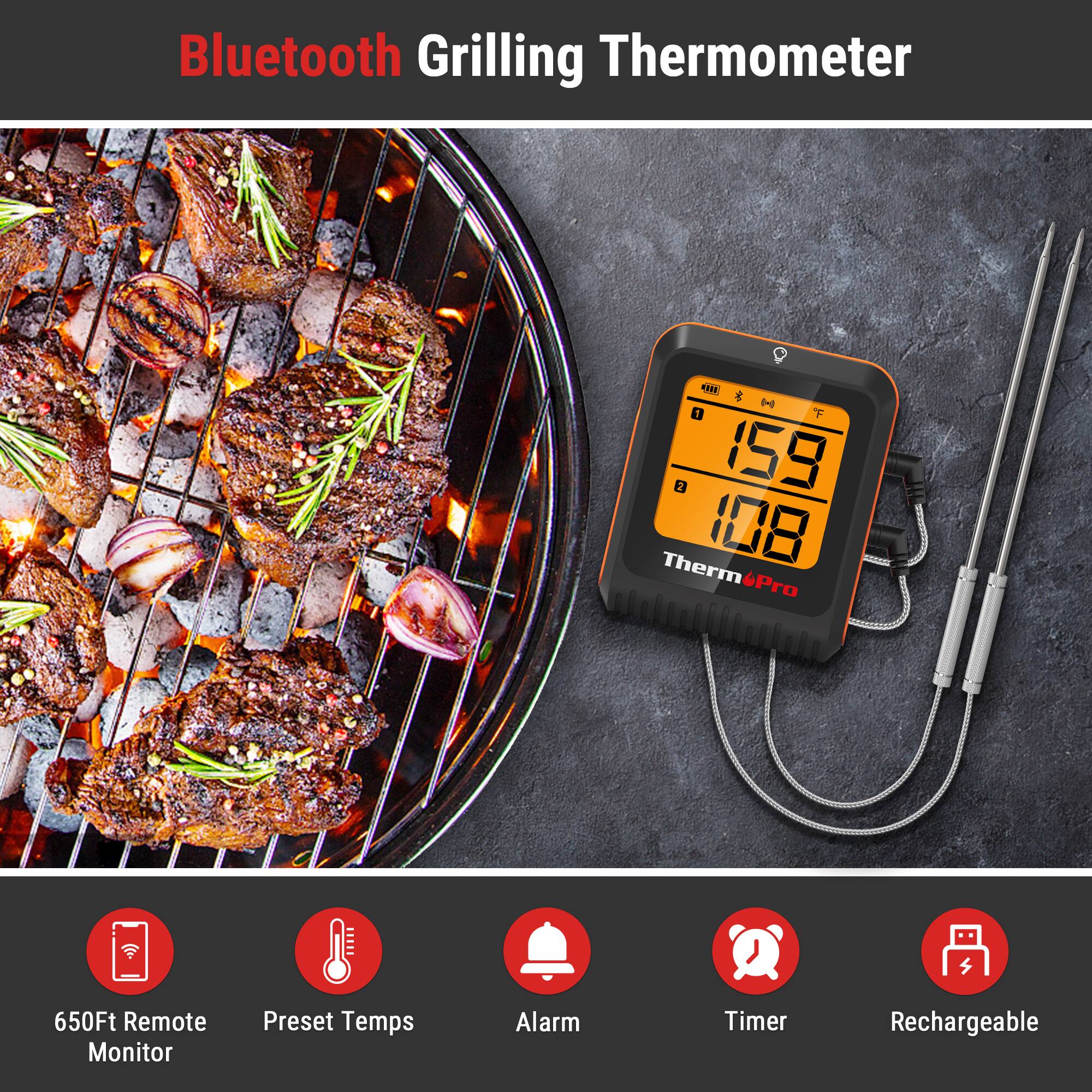 Bluetooth Grilling Thermometer: 159°F, 108°F, Therm Pro 650Ft Remote Monitor, Preset Temps, Alarm Timer, Rechargeable.