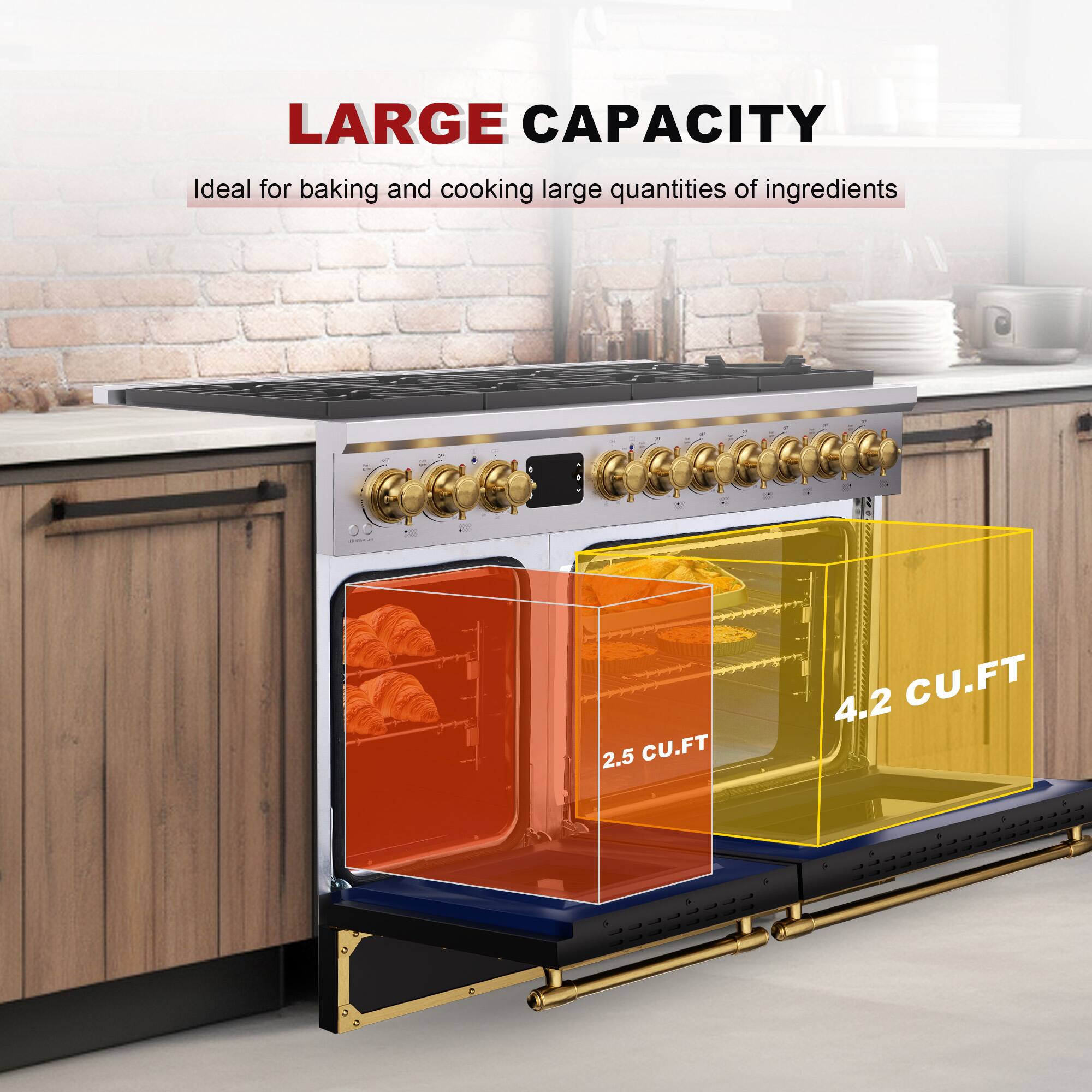 LARGE CAPACITY  
Ideal for baking and cooking large quantities of ingredients.  
- 2.5 CU.FT  
- 4.2 CU.FT