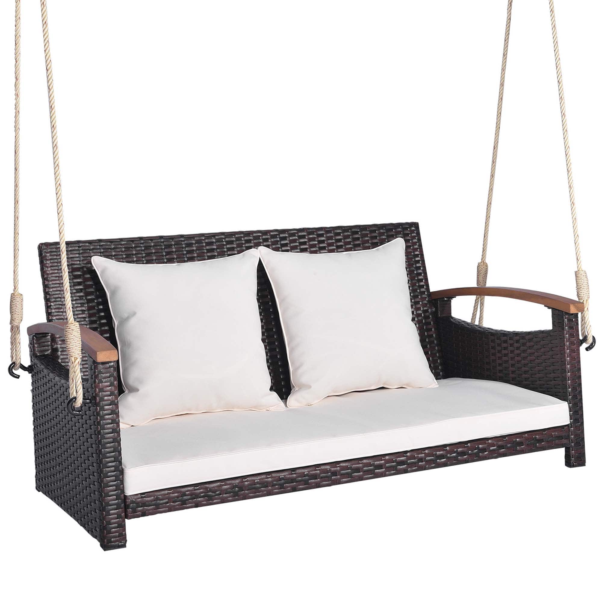 Costway - Patio Rattan Porch Swing 2-Person Hanging Chair Cushioned Loveseat for Backyard - Mix Brown,Off White price history on PriceWatchPro