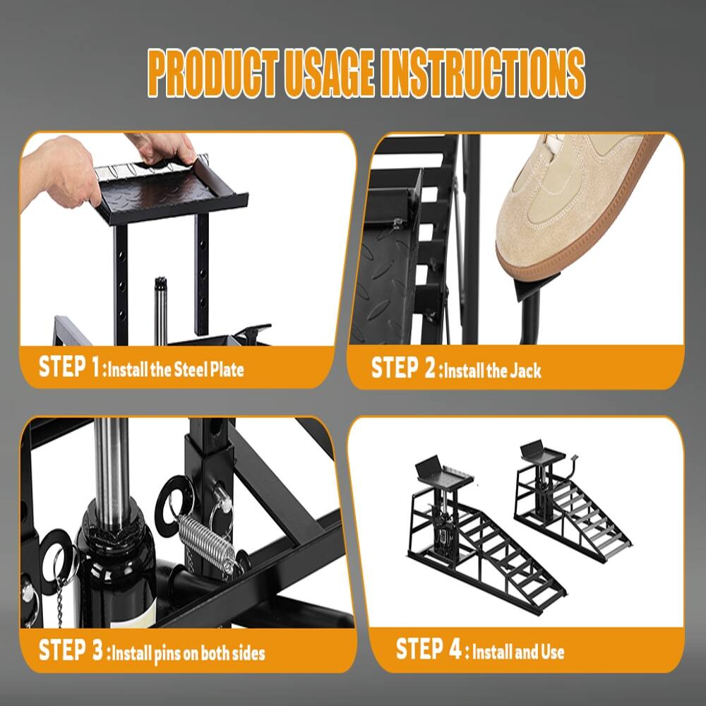 PRODUCT USAGE INSTRUCTIONS

STEP 1: Install the Steel Plate

STEP 2: Install the Jack

STEP 3: Install pins on both sides

STEP 4: Install and Use