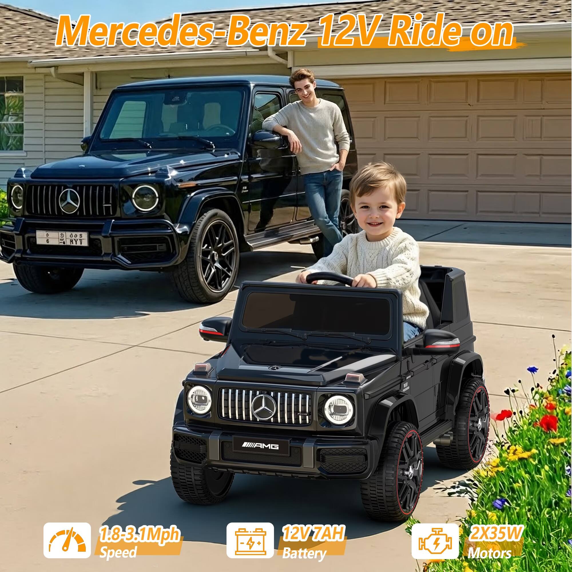 Mercedes-Benz 12V Ride on

1.8-3.1Mph Speed

12V 7AH Battery

2X35W Motors