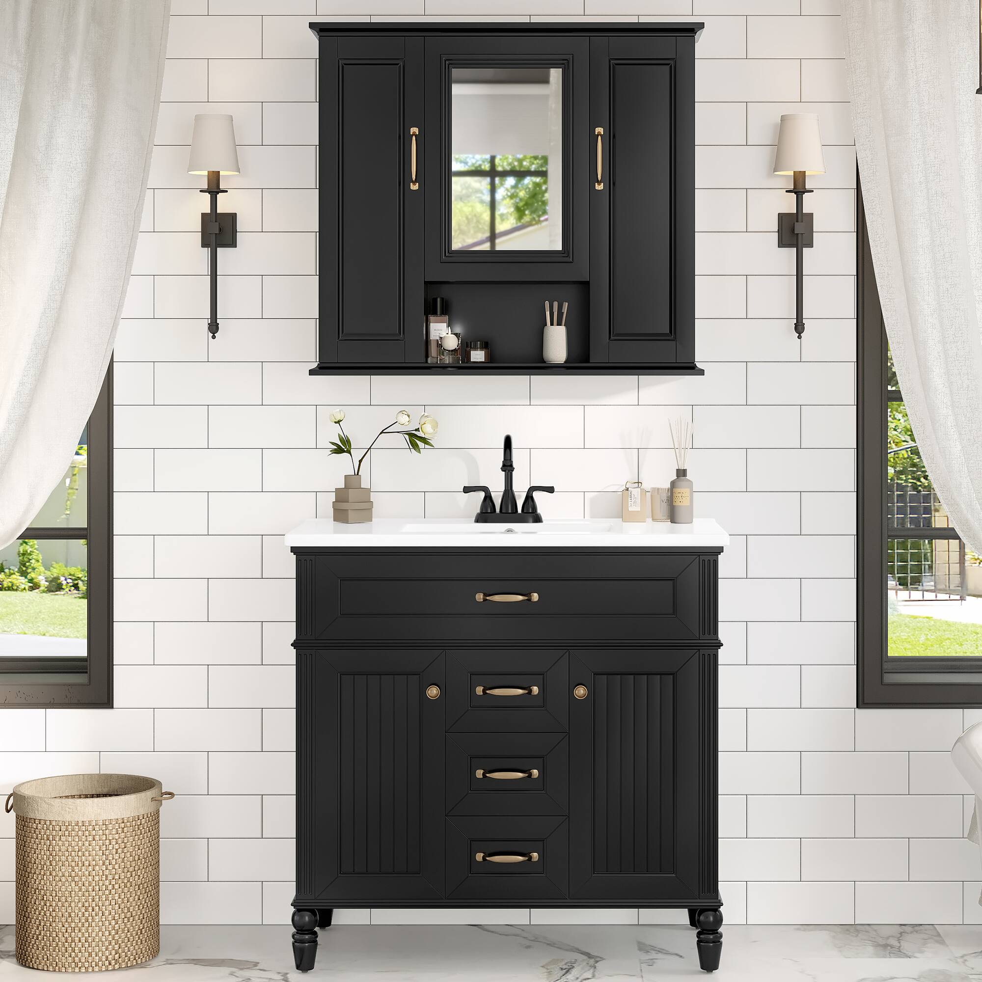 Left. TinyHomie - 36in Medicine Cabinet Wall Mounted Storage Cabinet with Mirror Mirror Cabinet with 3 Doors Not Include Bathroom Vanity - Black.