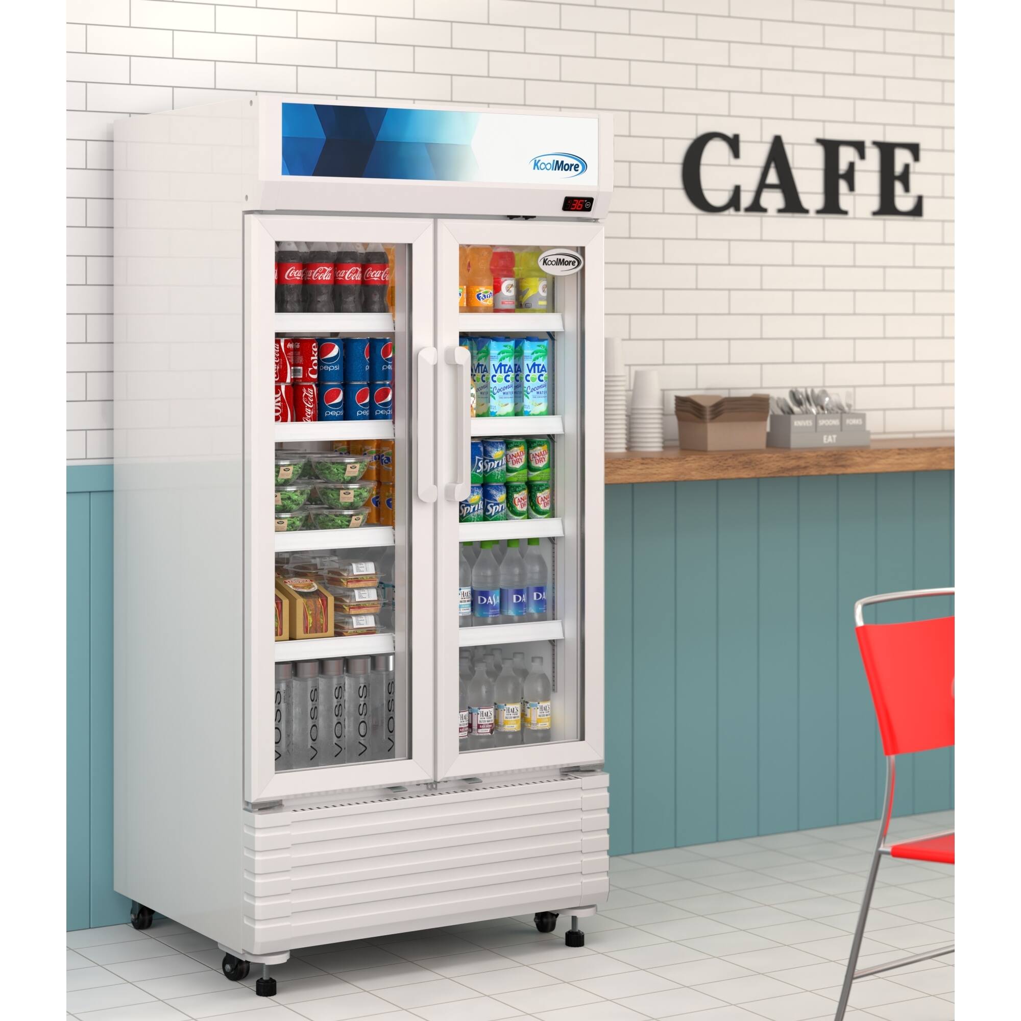 The image features a refrigerator with a blue and white color scheme, filled with various drinks such as Coca-Cola, Pepsi, and Vitara. The refrigerator is placed in a room with a brick wall and a red chair nearby. The scene is set in a cafe, as indicated by the presence of the refrigerator and the drinks inside.