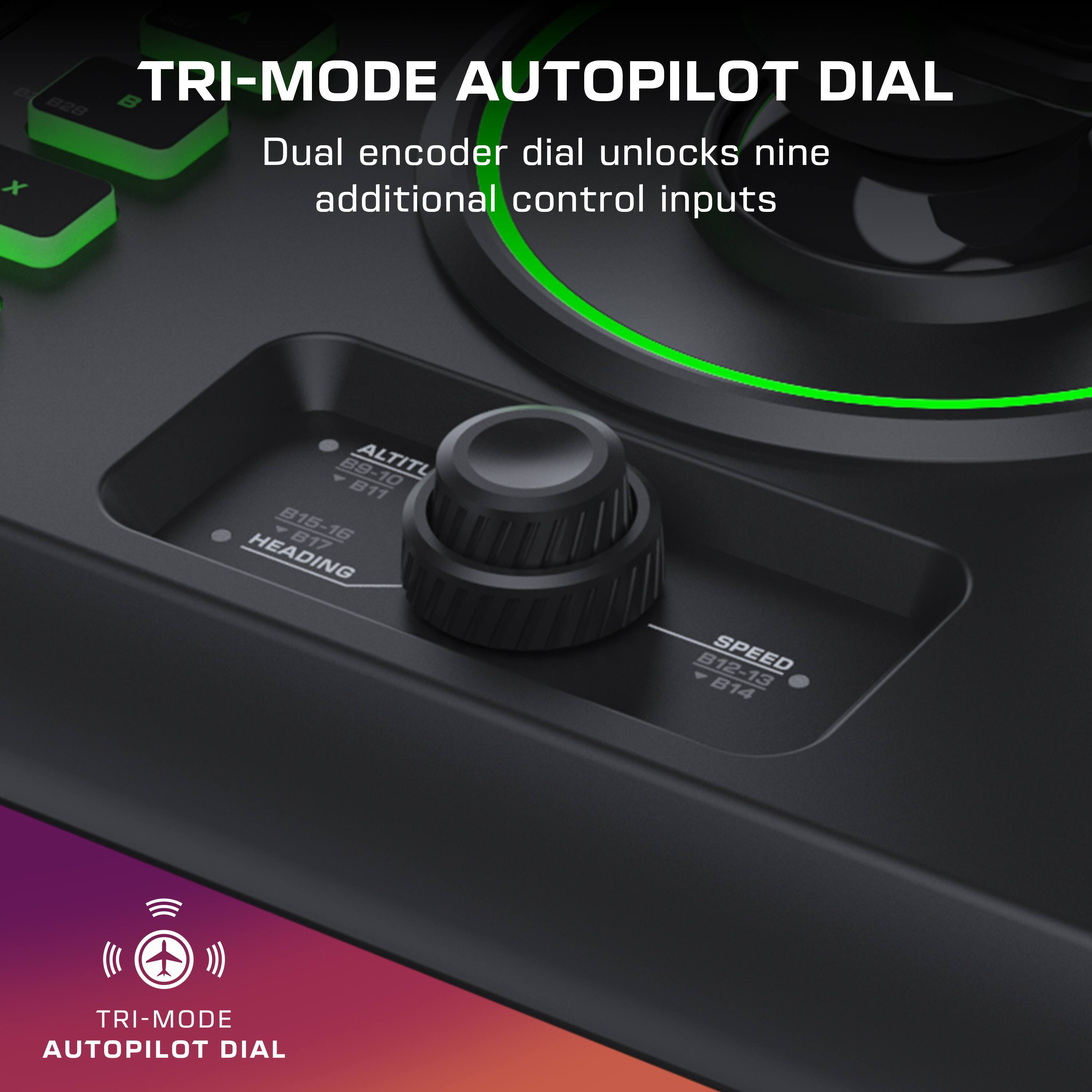 TRI-MODE AUTOPILOT DIAL

Dual encoder dial unlocks nine additional control inputs

ALTITUDE B11 - B15-16 B17
HEADING B12-13
SPEED B14