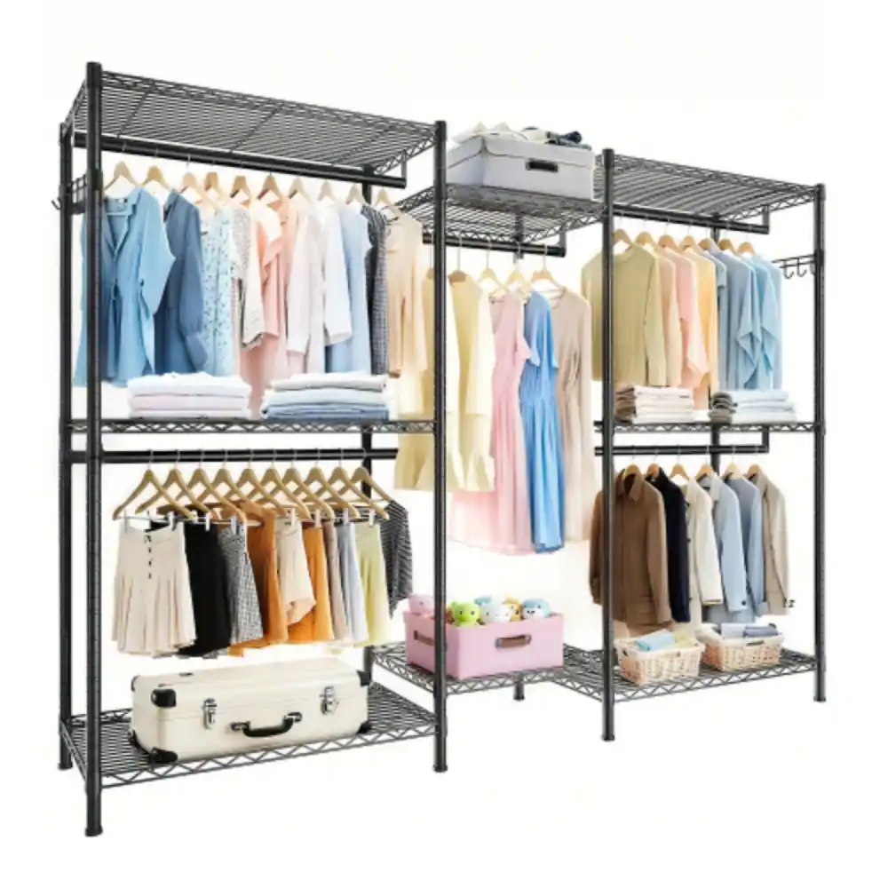 Alt View 1. LUCKY ONE - Heavy Duty Garment Rack w/ 8 Shelves & 5 Rods Adjustable Freestanding - Black.