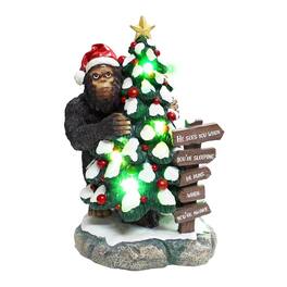 OrnamentallyYou - Whimsical Bigfoot Behind Christmas Tree Figurine, 7.5" Funny Holiday Yeti LED Statue, He Sees You - Green