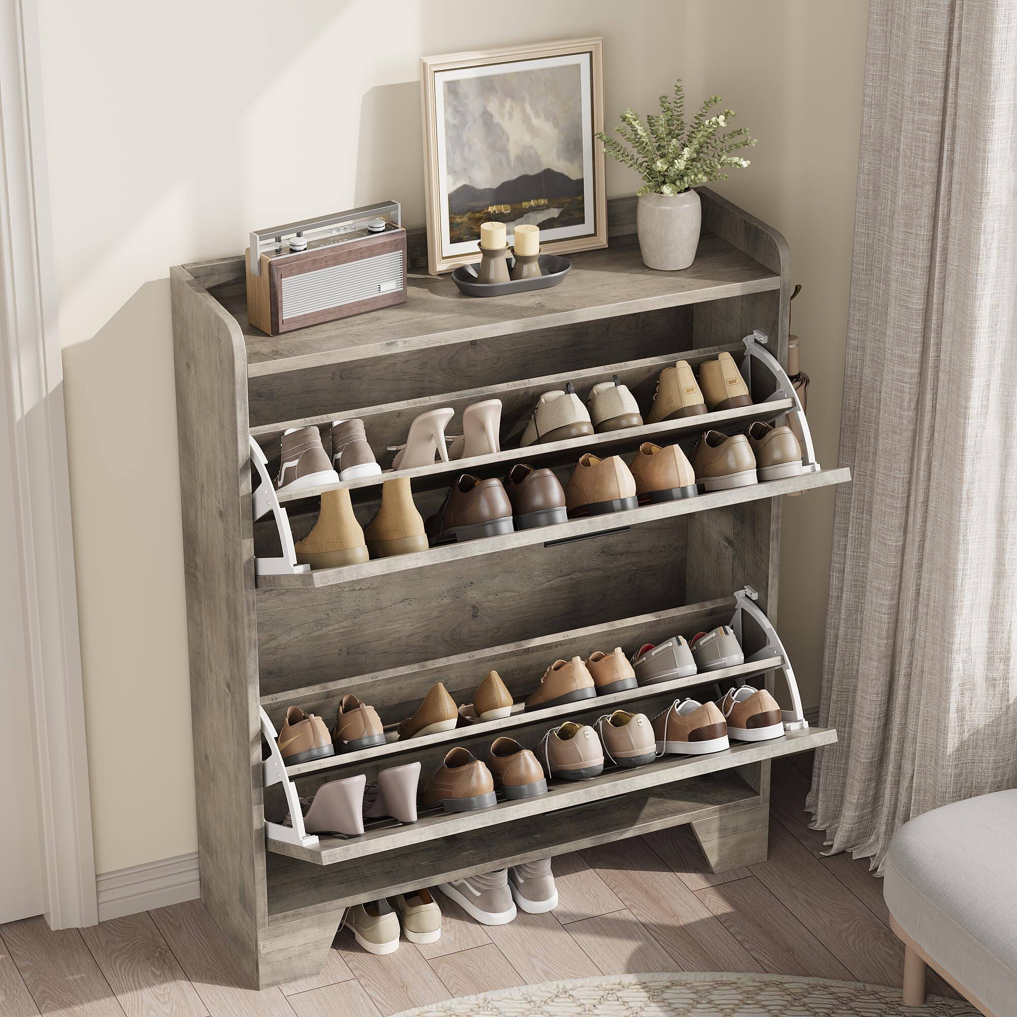 Left. Babevy - Narrow Shoe Cabinet with 2 Flip Drawers & Hooks, Slim Hidden Shoe Storage Organizer for Entryway or Hallway - Gray.