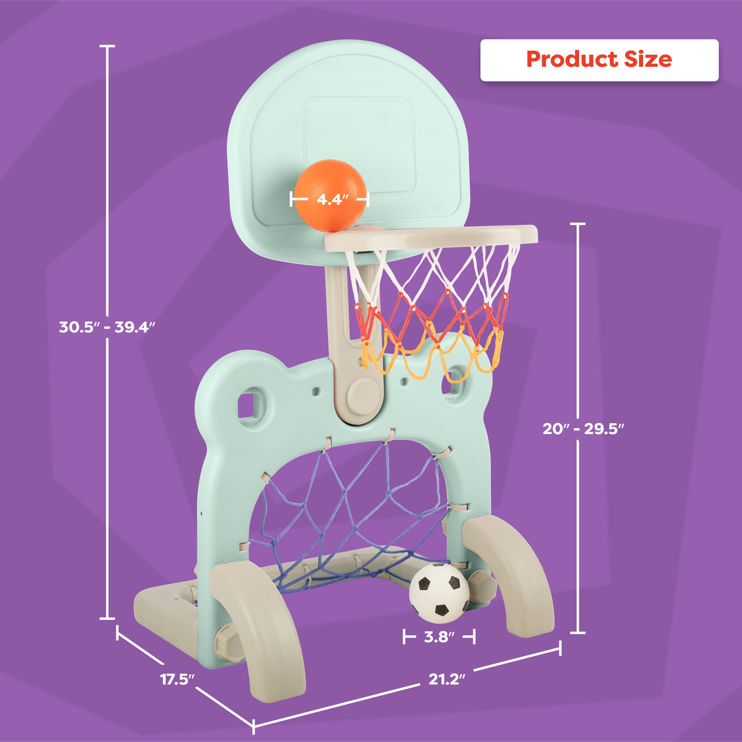 Product Size

- Height: 30.5" - 39.4"
- Width: 20" - 29.5"
- Depth: 17.5"
- Backboard Height: 4.4"
- Soccer Goal Height: 3.8"
- Soccer Goal Width: 21.2"