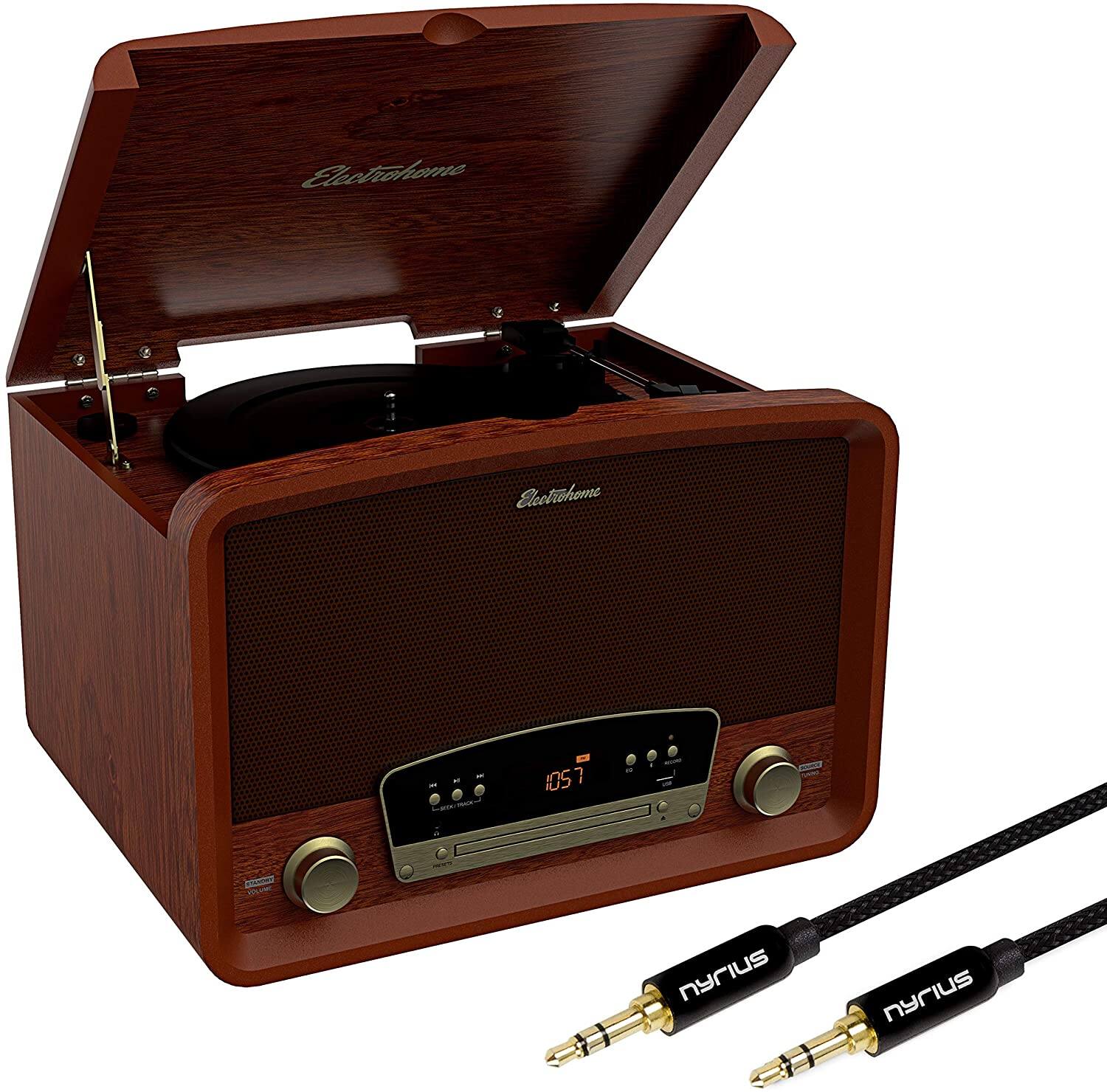 Electrohome - Kingston Vintage Vinyl Record Player Stereo System with Bonus 3.5mm Aux Cable - Walnut